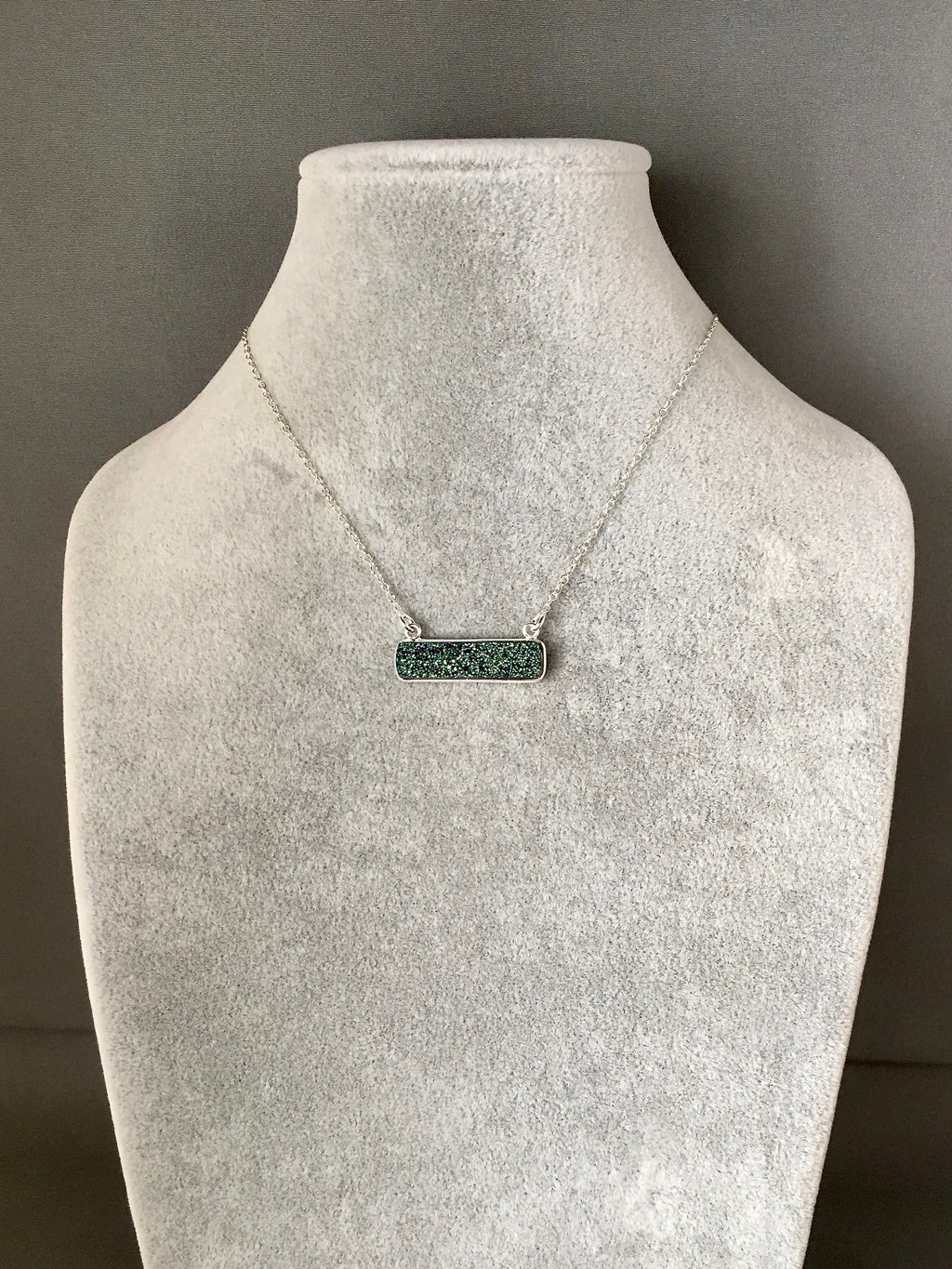 Emerald Green Druzy Quartz Bar Pendant Necklace in Sterling Silver