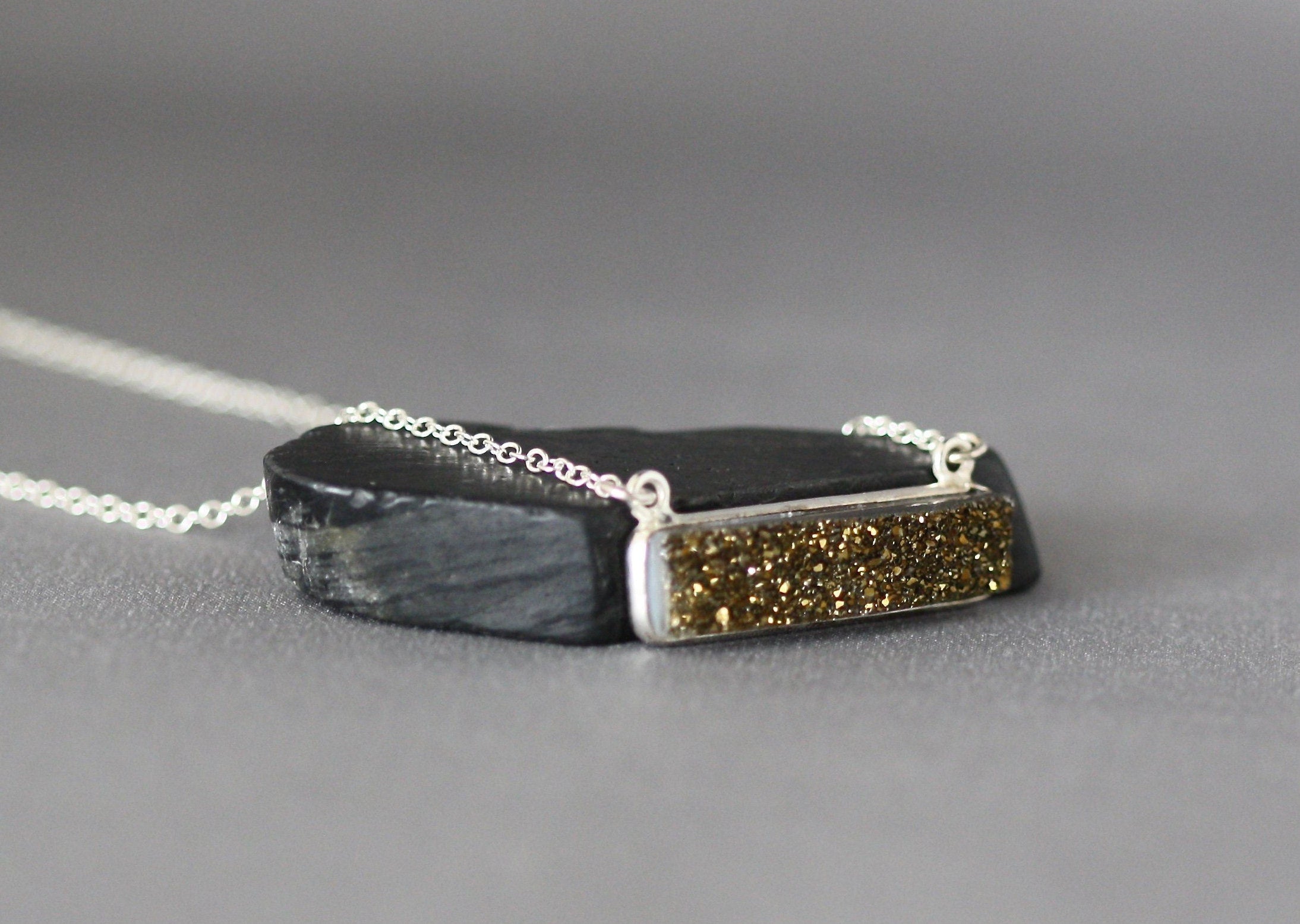Bronze Druzy Quartz Horizontal Bar Pendant Necklace in Sterling Silver