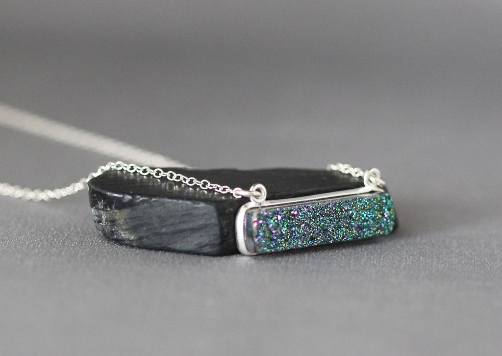 Emerald Green Druzy Quartz Bar Pendant Necklace in Sterling Silver