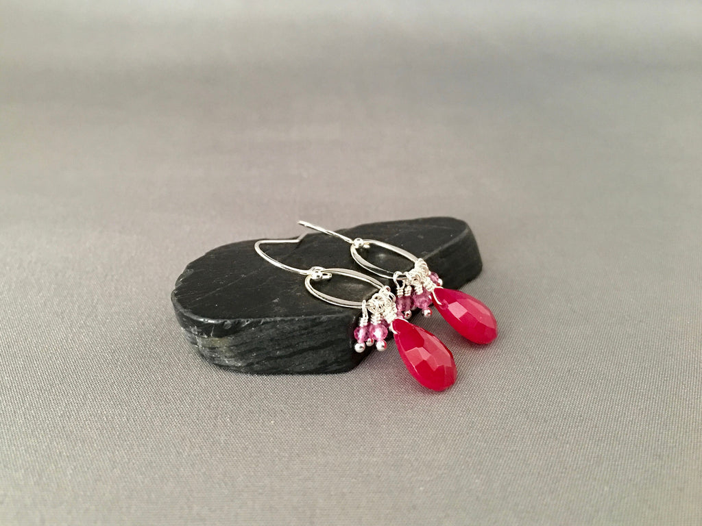 Magenta Chalcedony and Hot Pink Quartz Earrings on Bali Sterling Silver Links