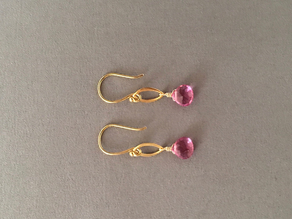 Hot Pink Quartz Teardrop and Gold Vermeil Marquise Link Dangle Earrings