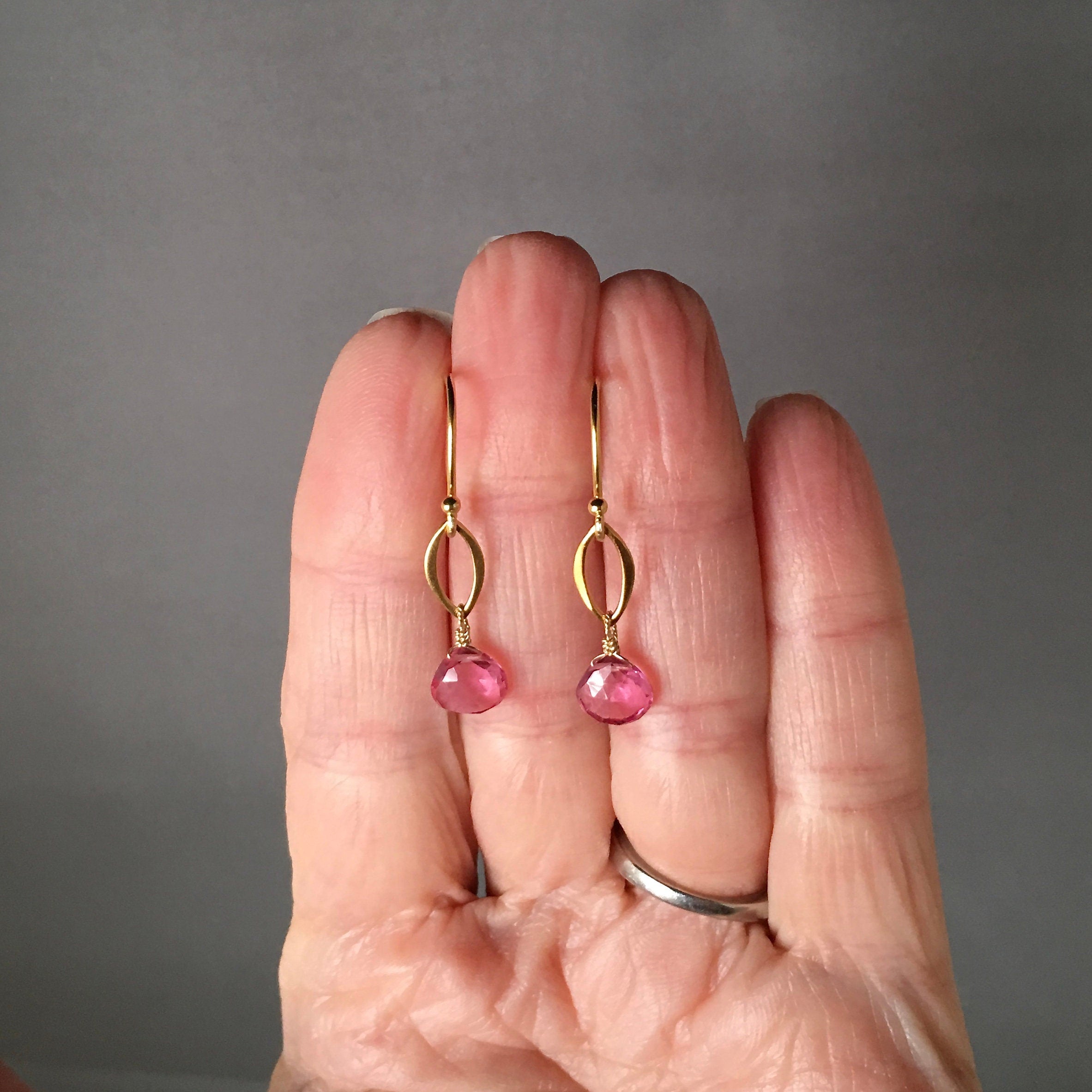 Hot Pink Quartz Teardrop and Gold Vermeil Marquise Link Dangle Earrings