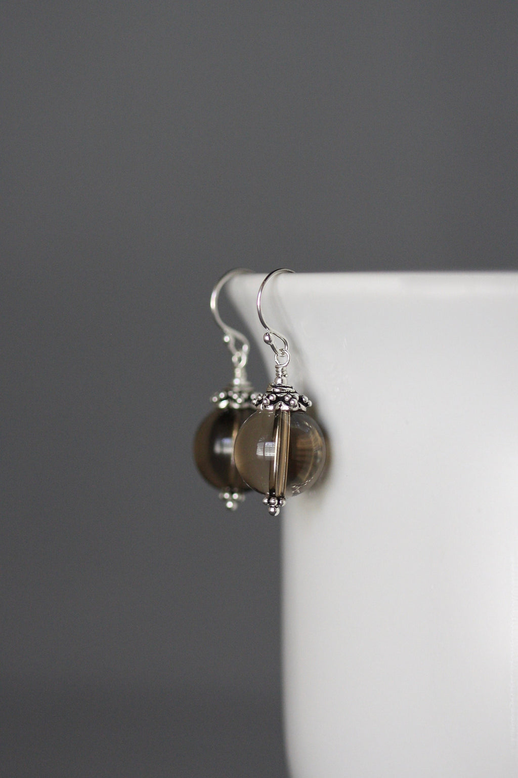 Smokey Quartz Round Dangle Earrings with Bali Silver Caps