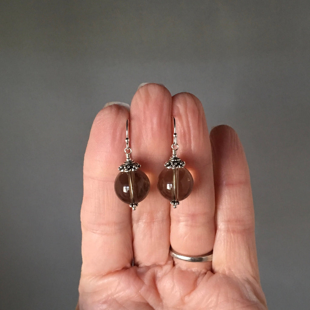 Smokey Quartz Round Dangle Earrings with Bali Silver Caps