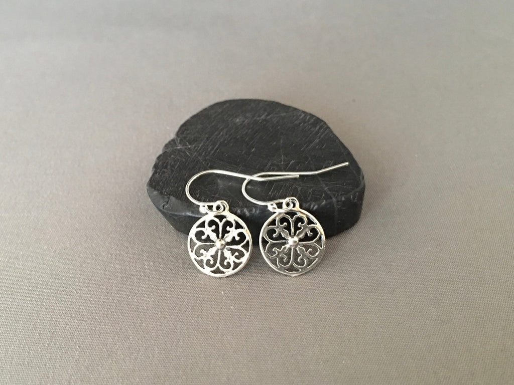 Small Round Bali Silver Filigree Dangle Earrings