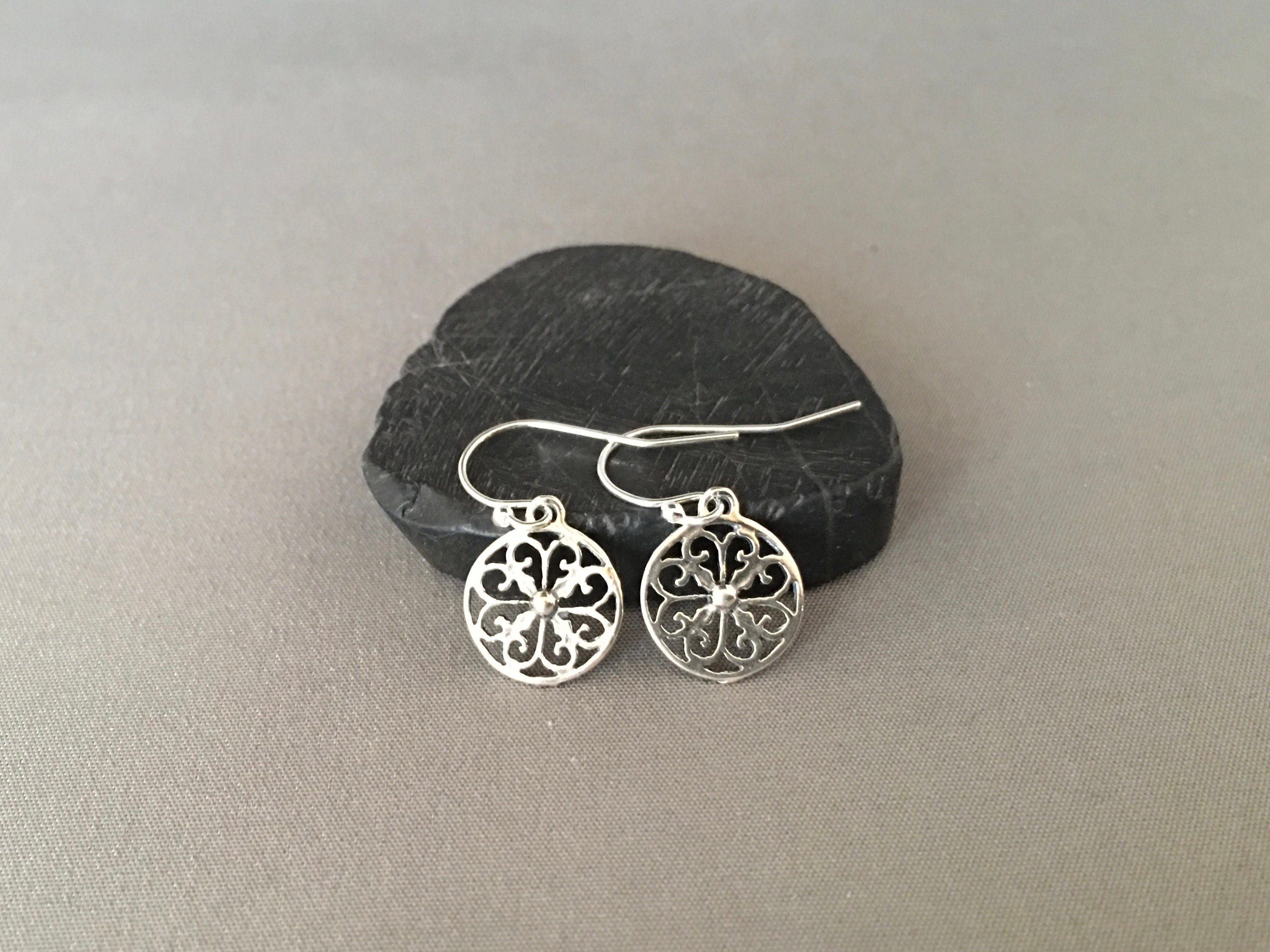 Small Round Bali Silver Filigree Dangle Earrings