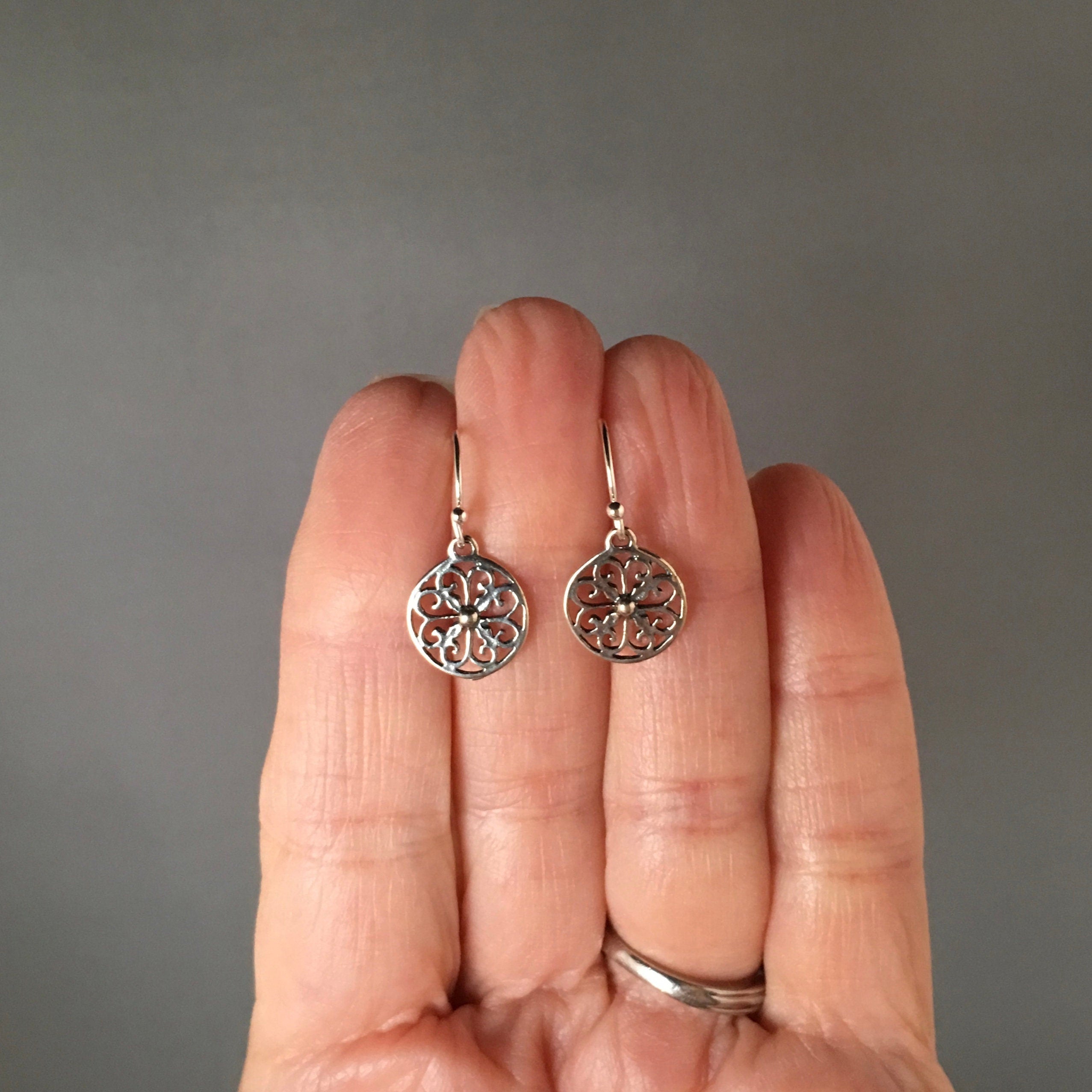 Small Round Bali Silver Filigree Dangle Earrings