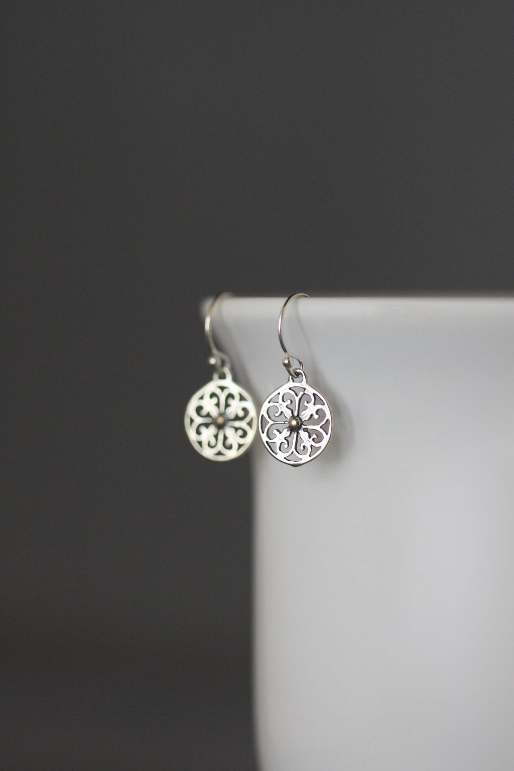 Small Round Bali Silver Filigree Dangle Earrings