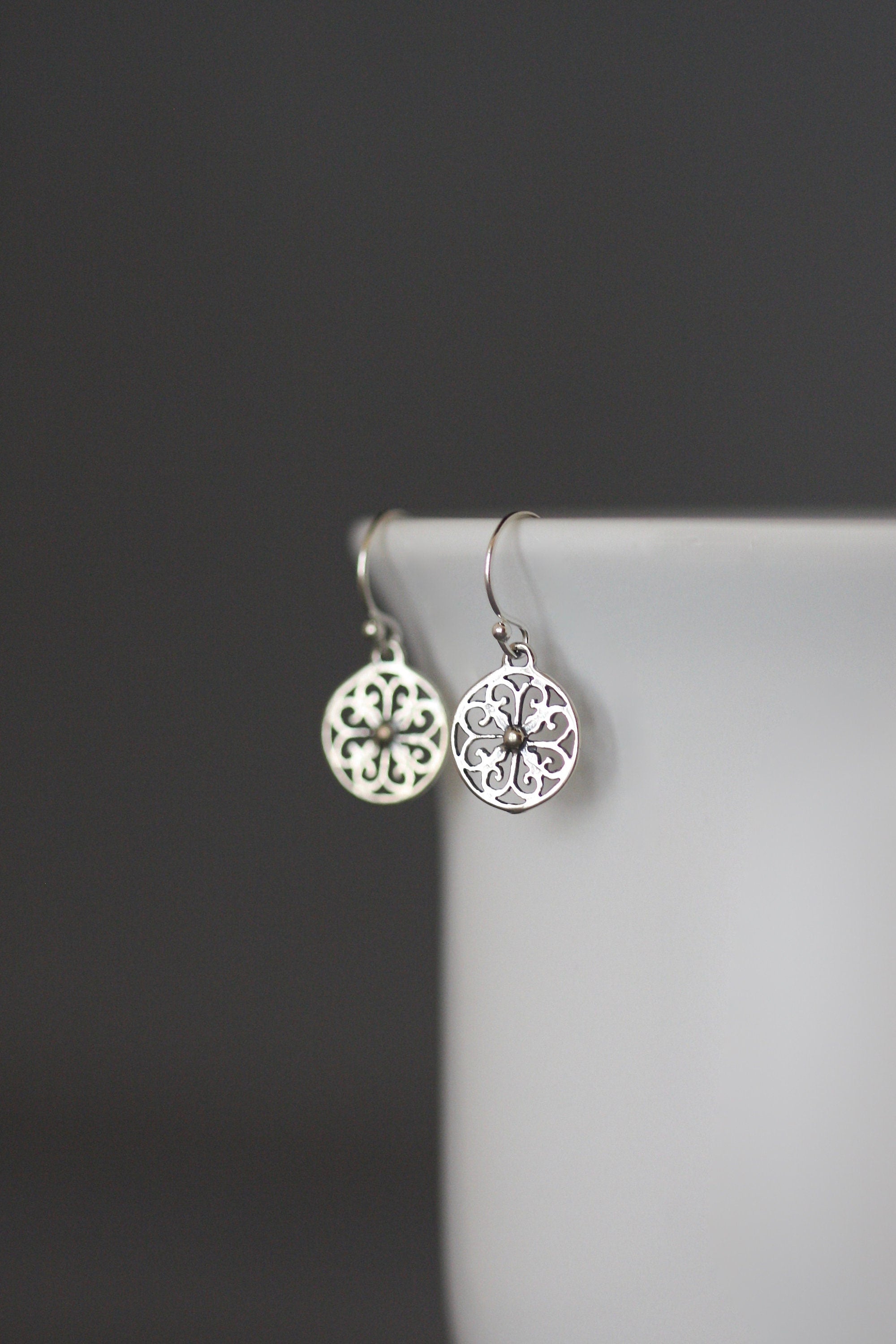 Small Round Bali Silver Filigree Dangle Earrings