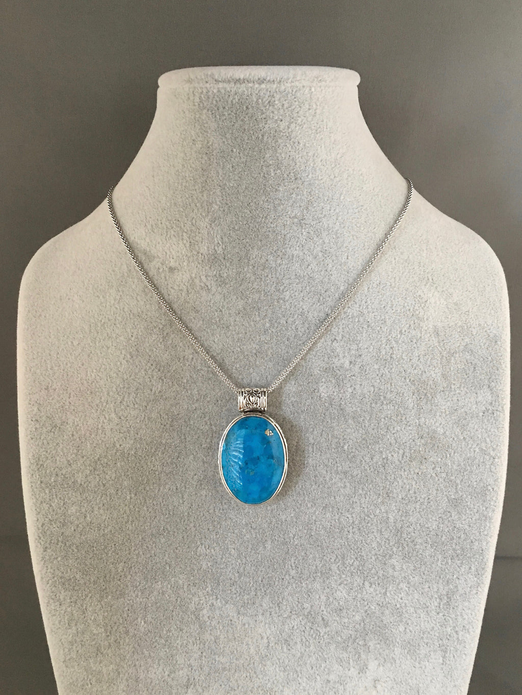Blue Copper Turquoise Oval Cabochon Bali Silver Pendant Necklace
