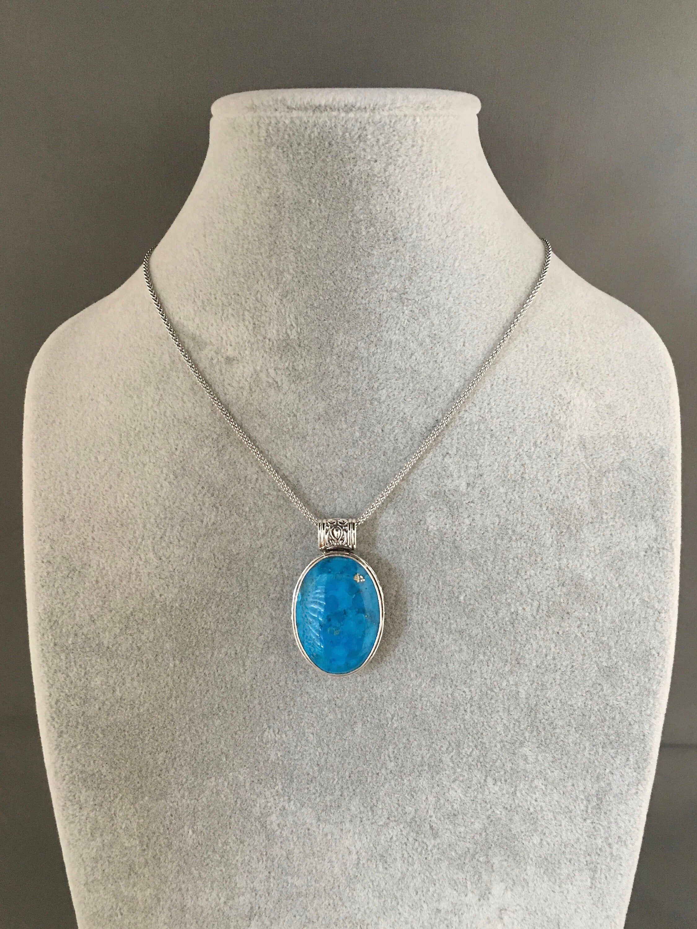 Blue Copper Turquoise Oval Cabochon Bali Silver Pendant Necklace