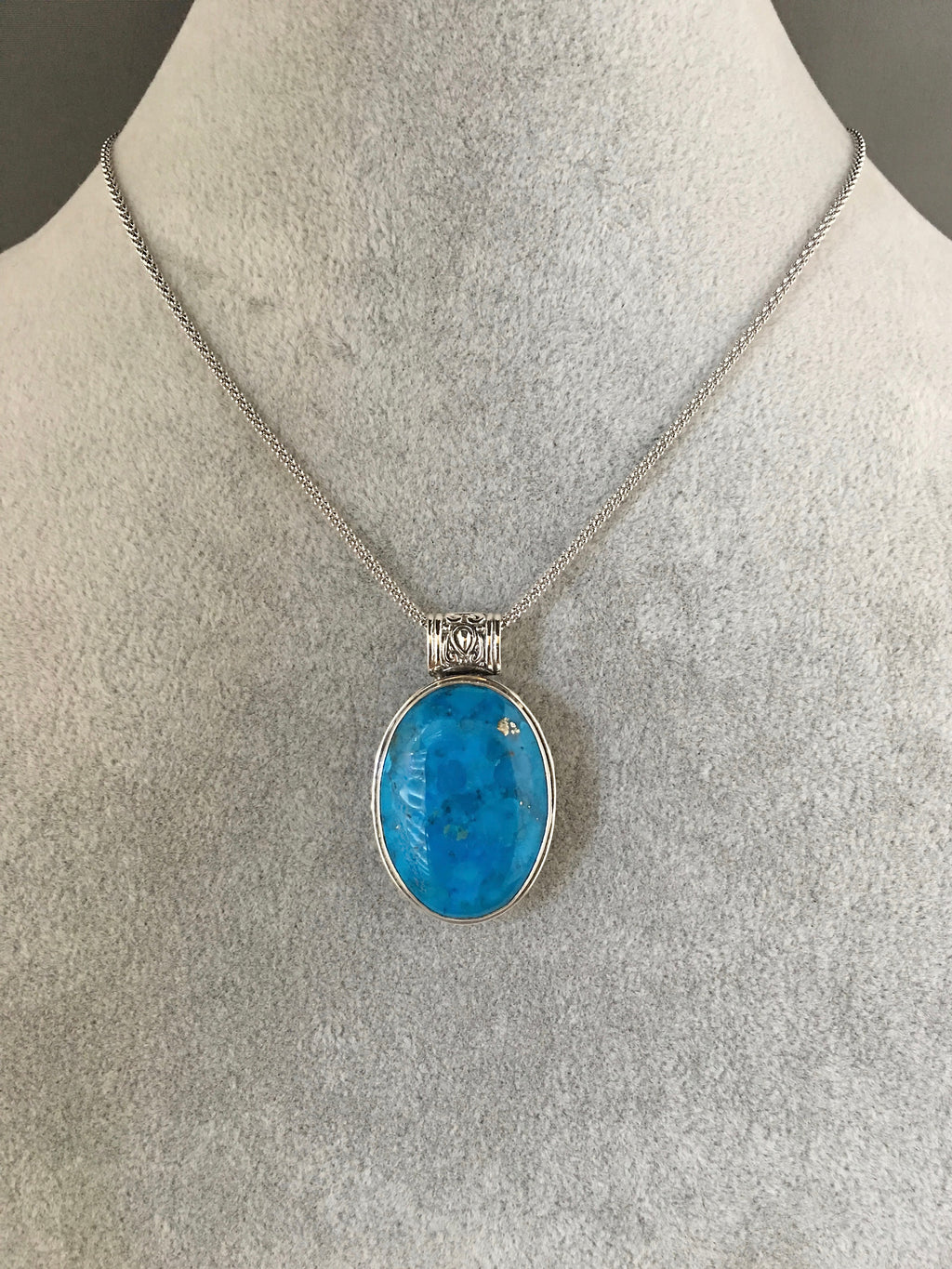 Blue Copper Turquoise Oval Cabochon Bali Silver Pendant Necklace