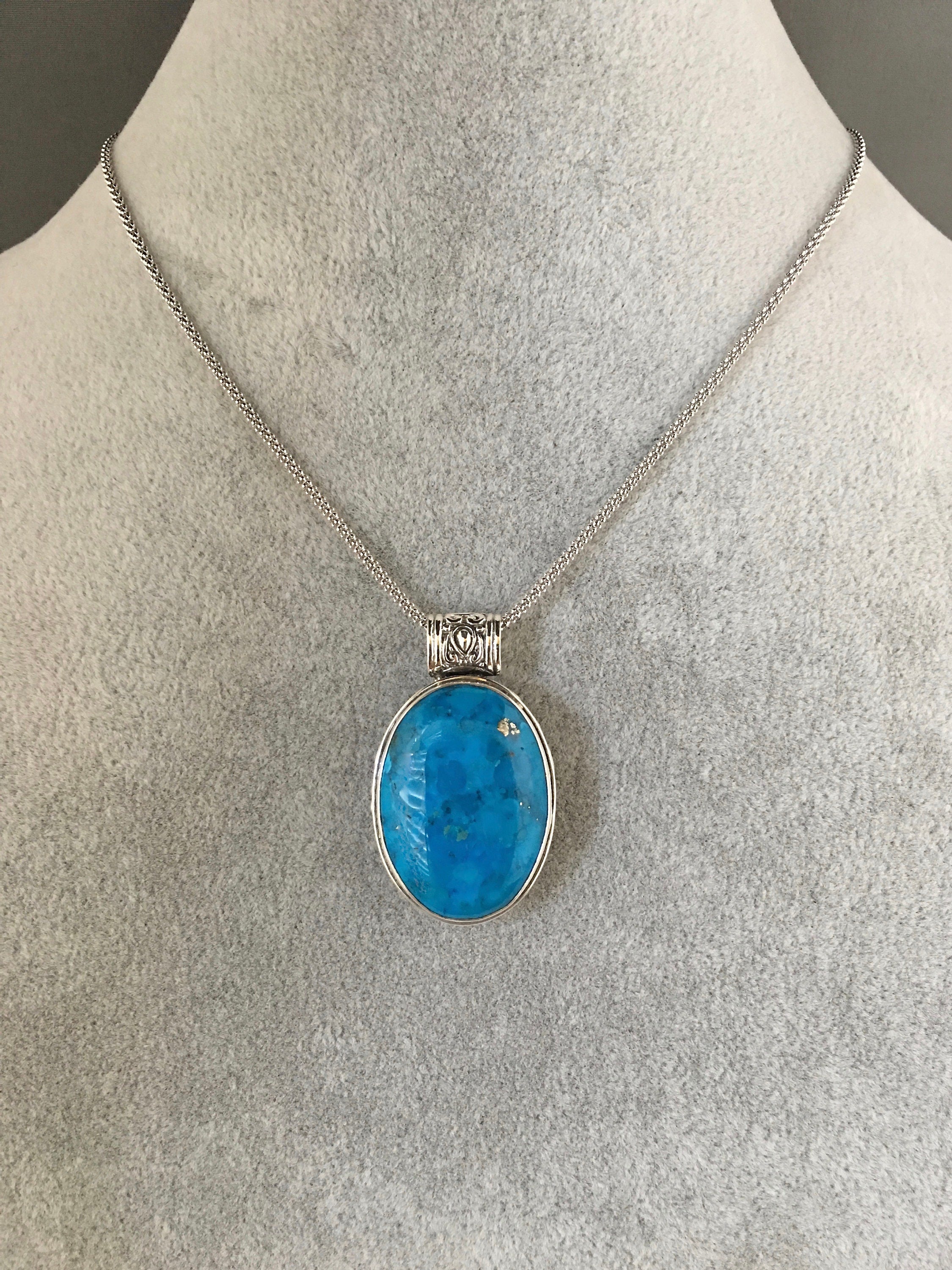 Blue Copper Turquoise Oval Cabochon Bali Silver Pendant Necklace
