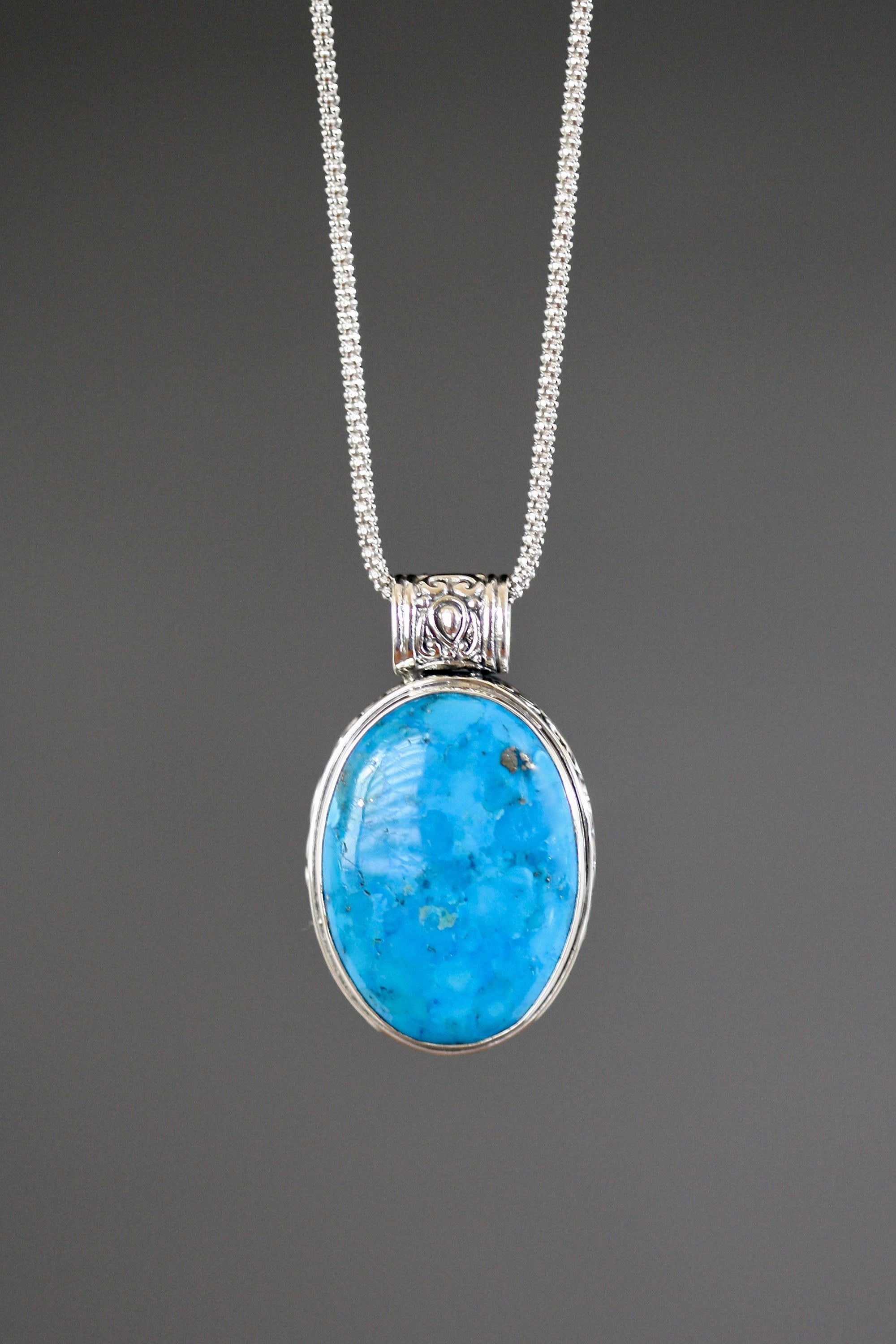 Blue Copper Turquoise Oval Cabochon Bali Silver Pendant Necklace