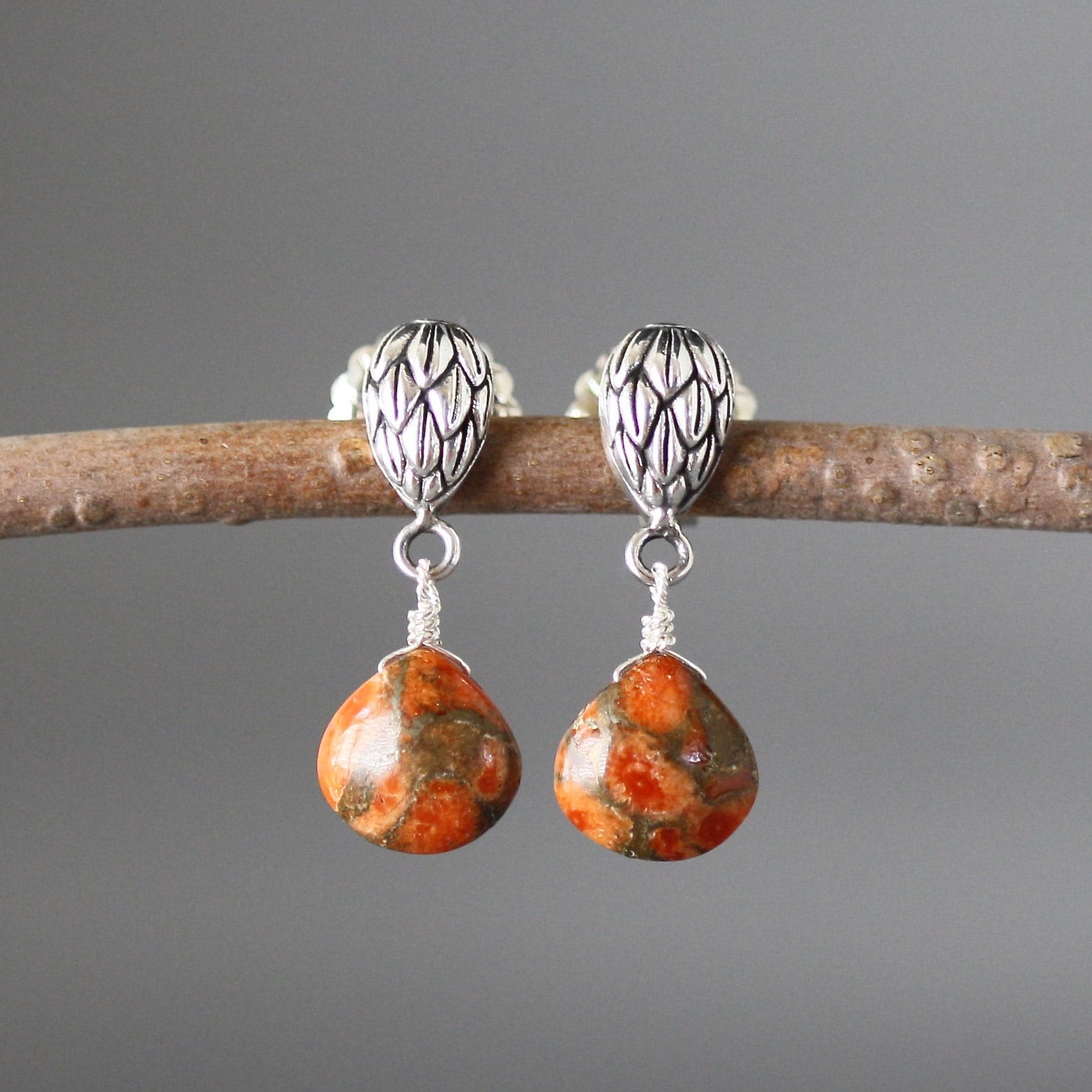 Orange Copper Turquoise Teardrop Post Earrings on Bali Silver