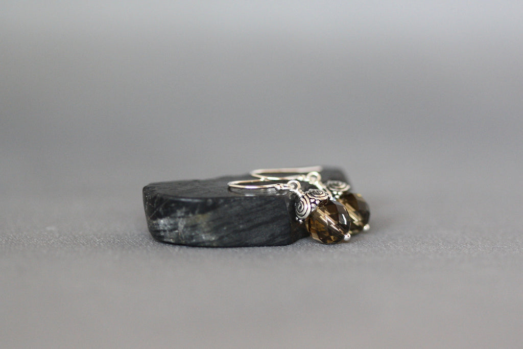 Smokey Quartz Round Stone Dangle Earrings with Bali Sterling Silver Caps