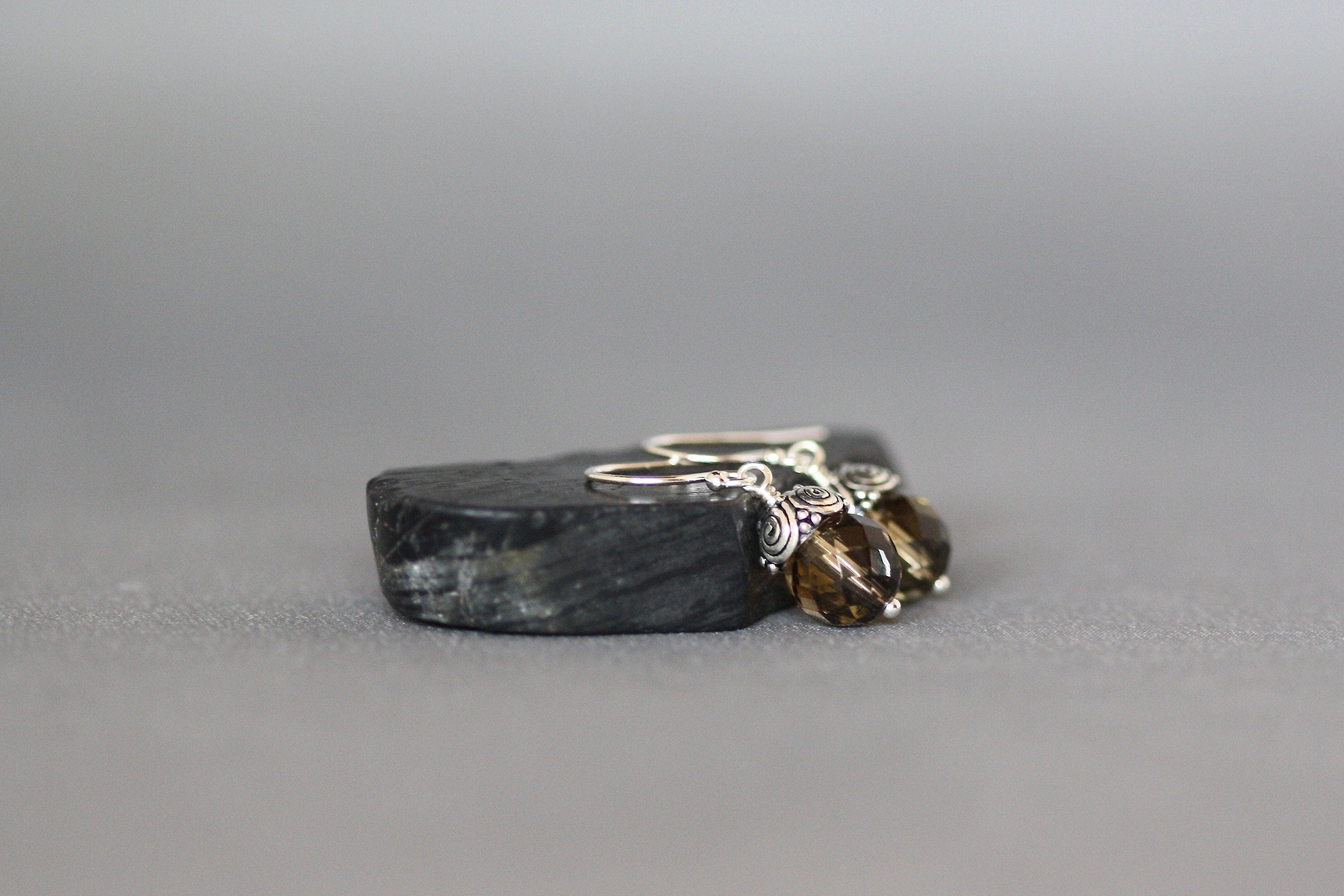Smokey Quartz Round Stone Dangle Earrings with Bali Sterling Silver Caps