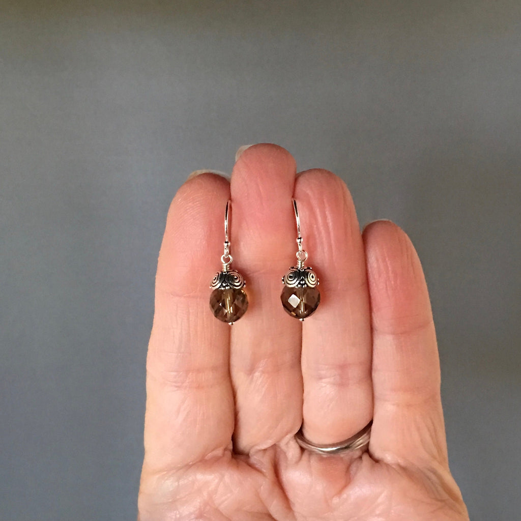Smokey Quartz Round Stone Dangle Earrings with Bali Sterling Silver Caps