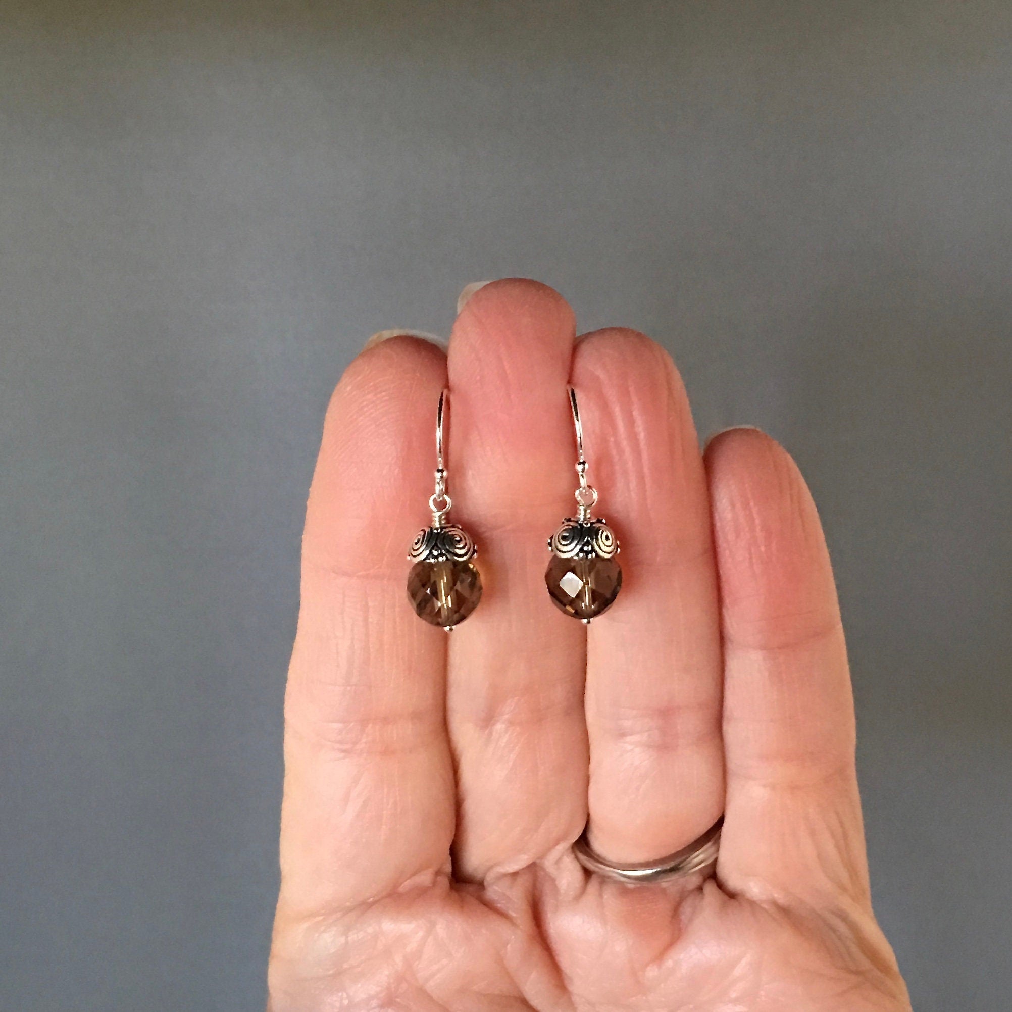 Smokey Quartz Round Stone Dangle Earrings with Bali Sterling Silver Caps