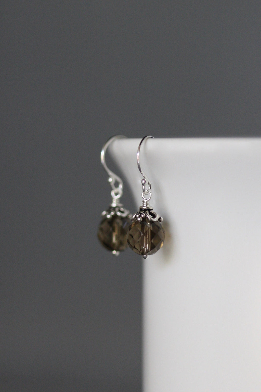 Smoky Quartz Round Stone Dangle Earrings with Bali Sterling Silver Caps