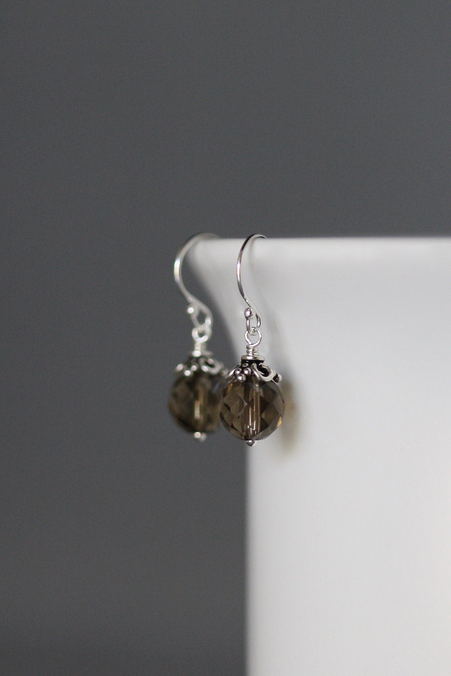 Smoky Quartz Round Stone Dangle Earrings with Bali Sterling Silver Caps