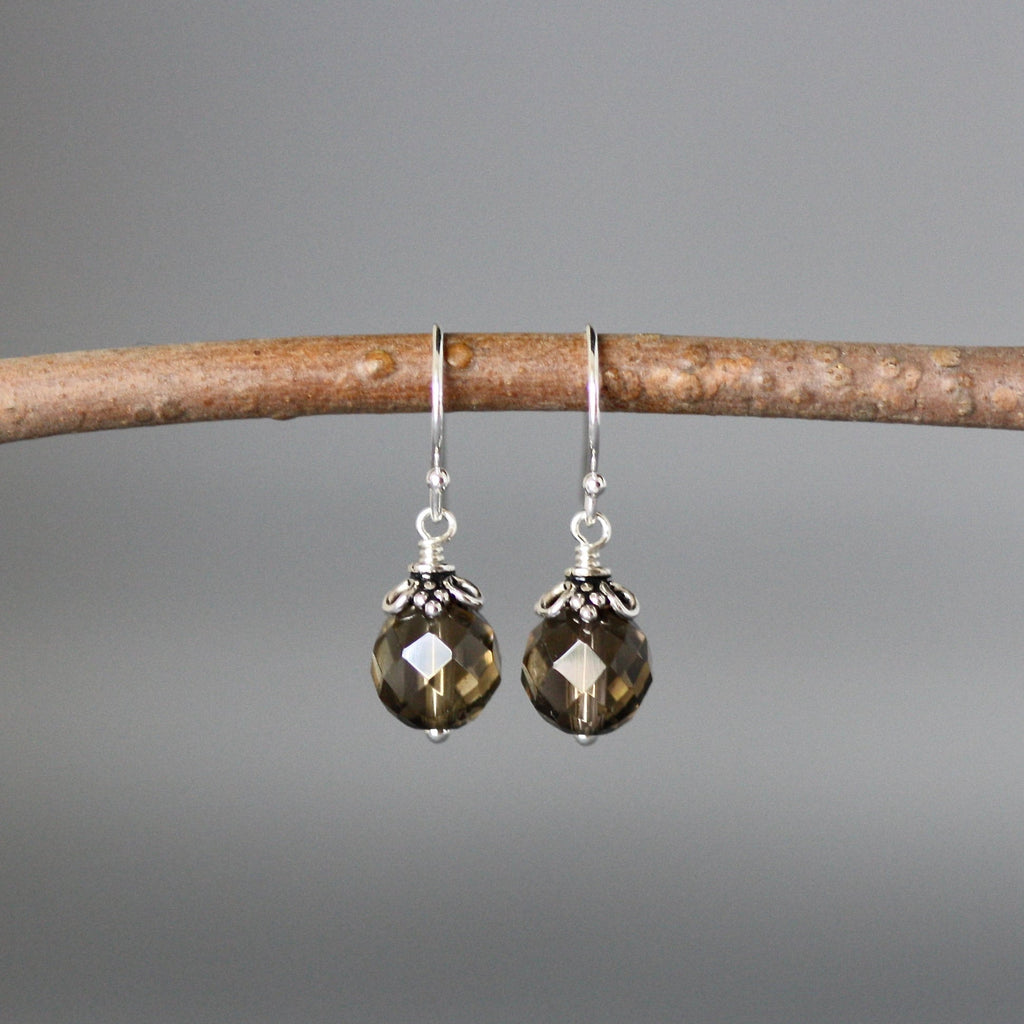 Smoky Quartz Round Stone Dangle Earrings with Bali Sterling Silver Caps