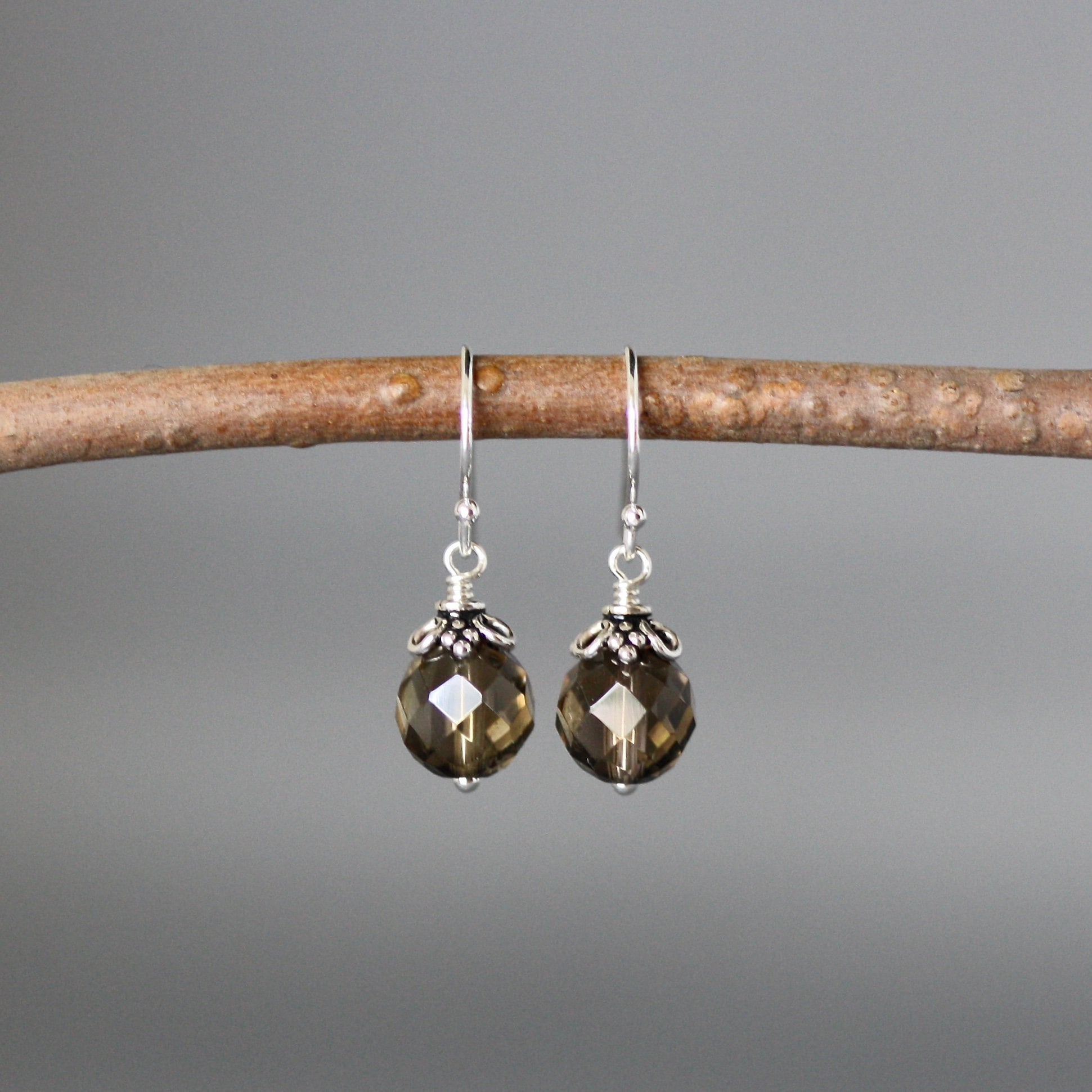 Smoky Quartz Round Stone Dangle Earrings with Bali Sterling Silver Caps