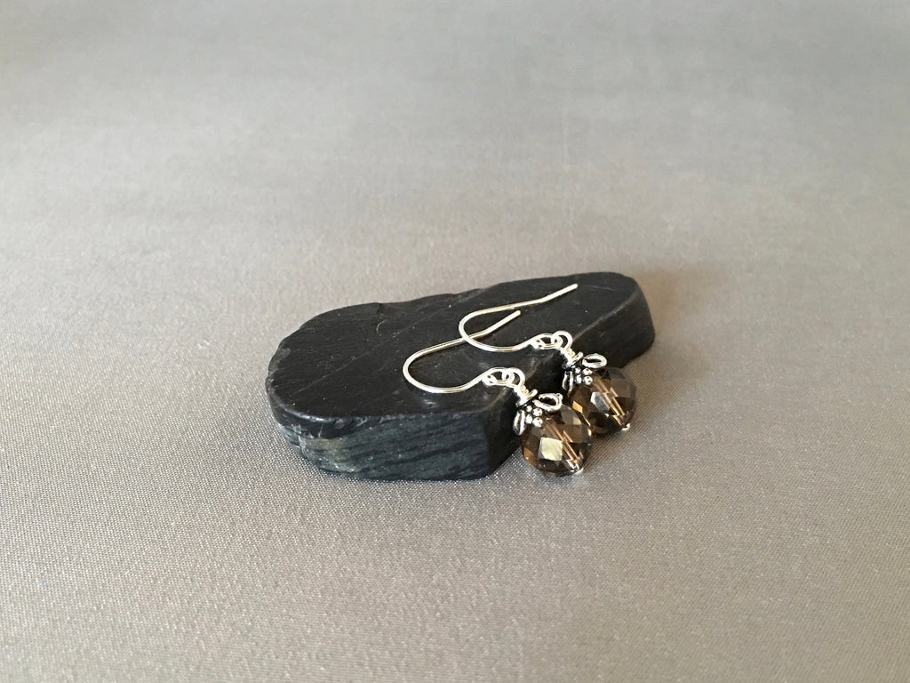 Smoky Quartz Round Stone Dangle Earrings with Bali Sterling Silver Caps