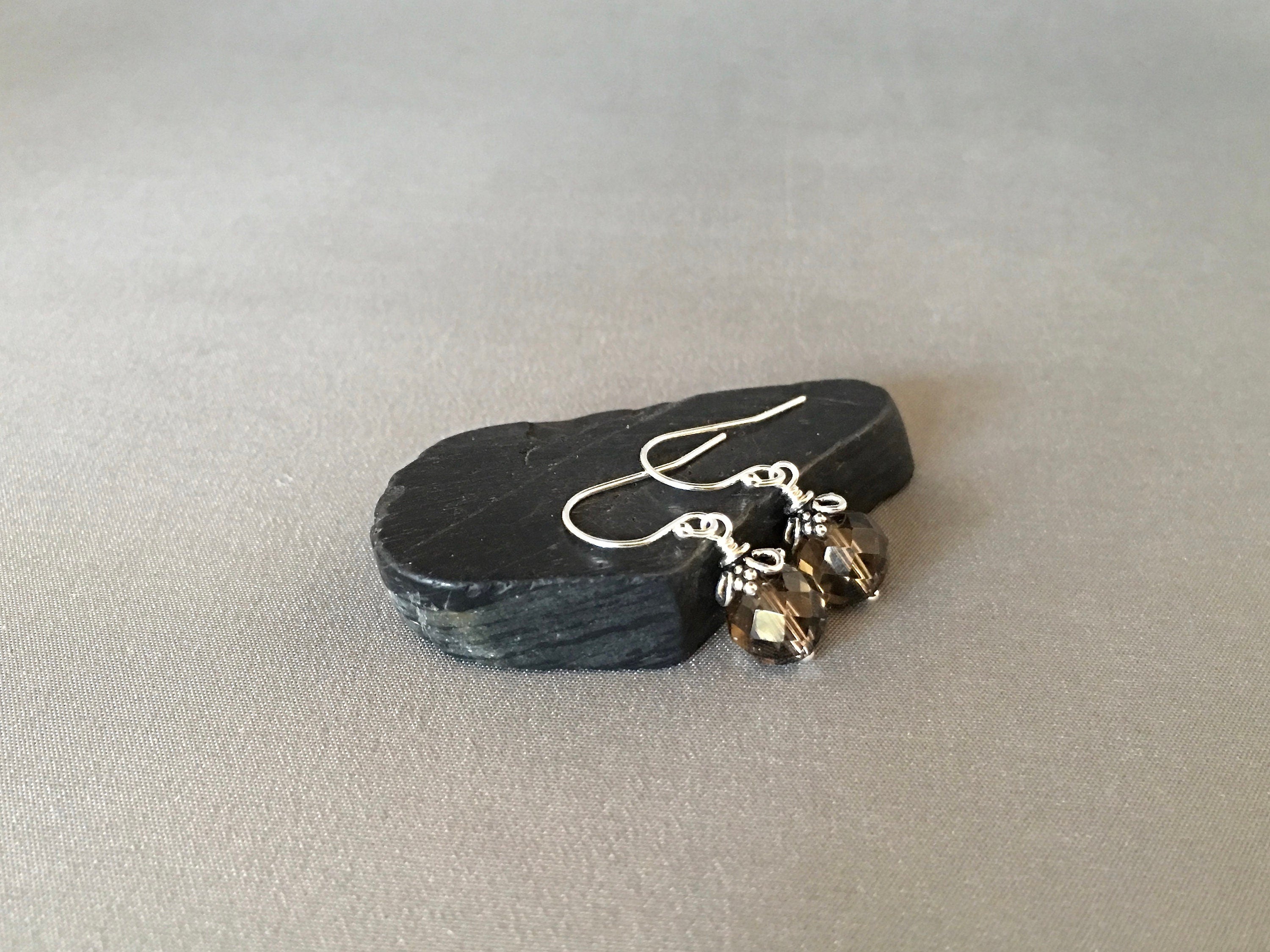 Smoky Quartz Round Stone Dangle Earrings with Bali Sterling Silver Caps
