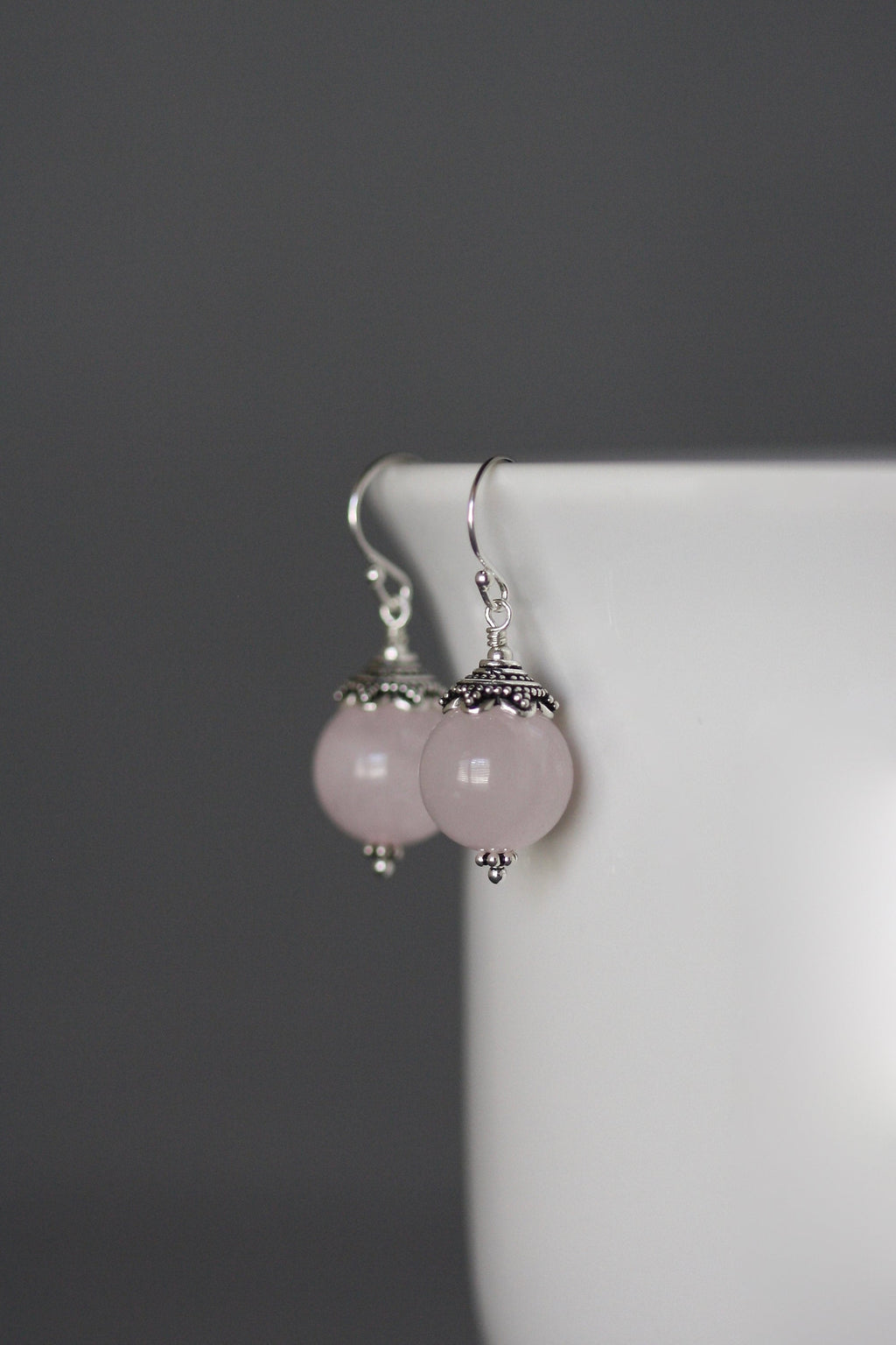 Rose Quartz Earrings with Bali Sterling Silver Caps