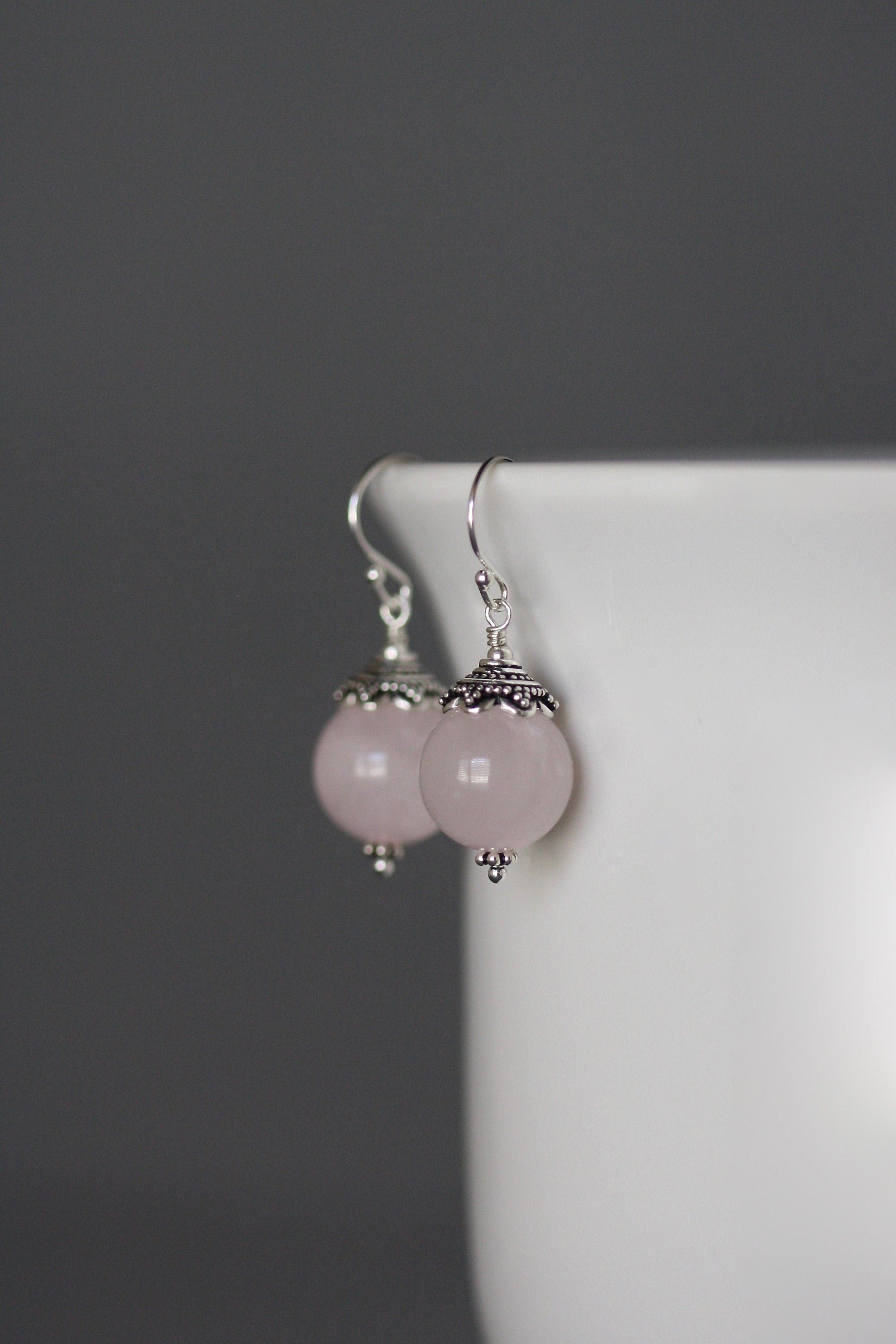 Rose Quartz Earrings with Bali Sterling Silver Caps