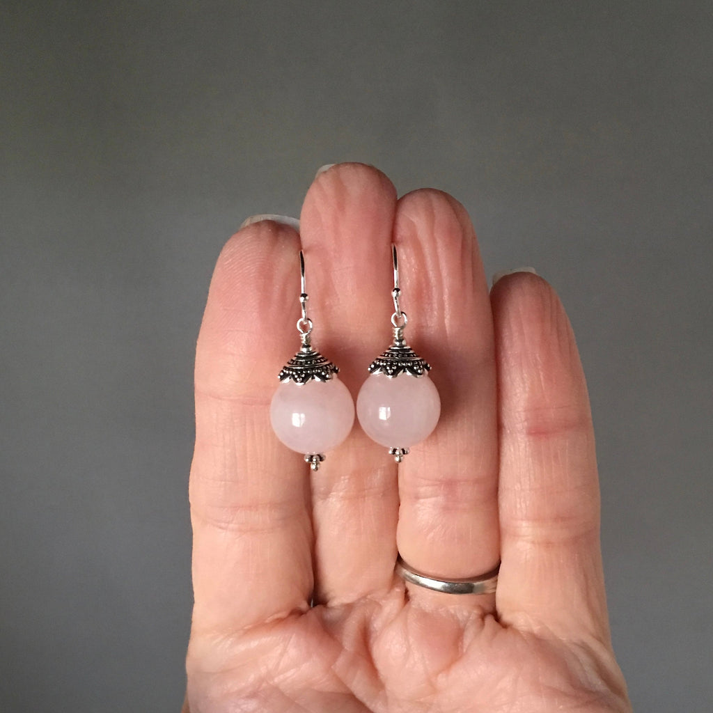 Rose Quartz Earrings with Bali Sterling Silver Caps
