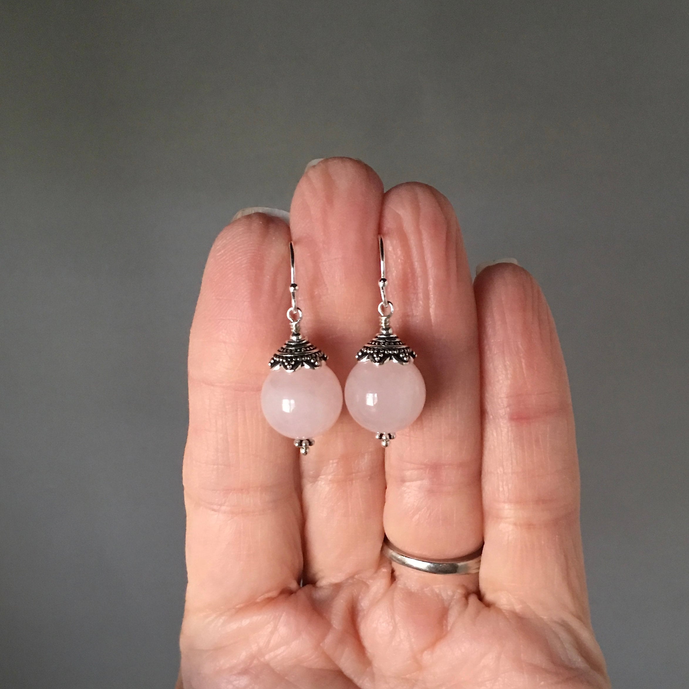 Rose Quartz Earrings with Bali Sterling Silver Caps