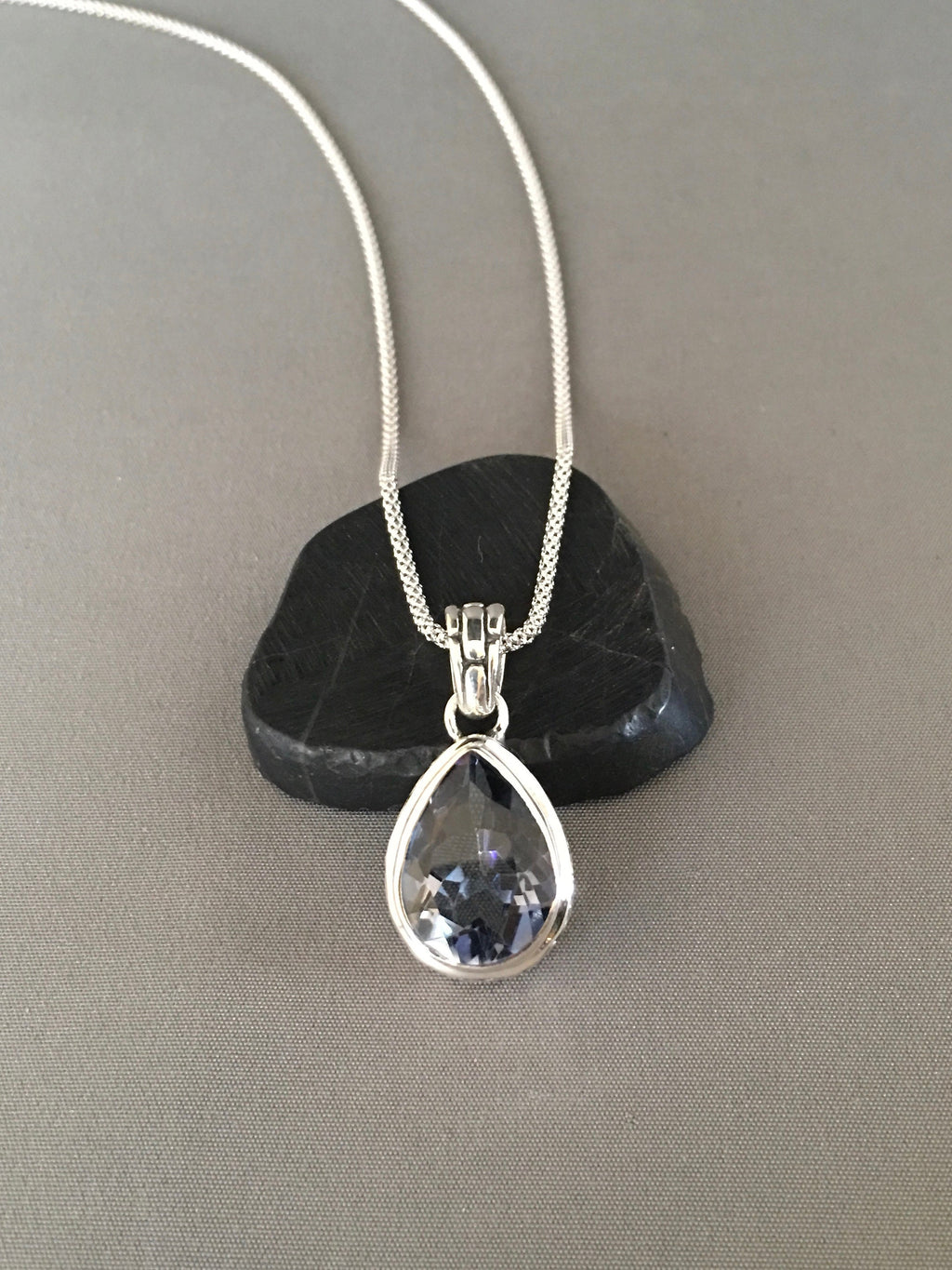 Blue Mystic Quartz Teardrop Bezel Pendant in Bali Sterling Silver