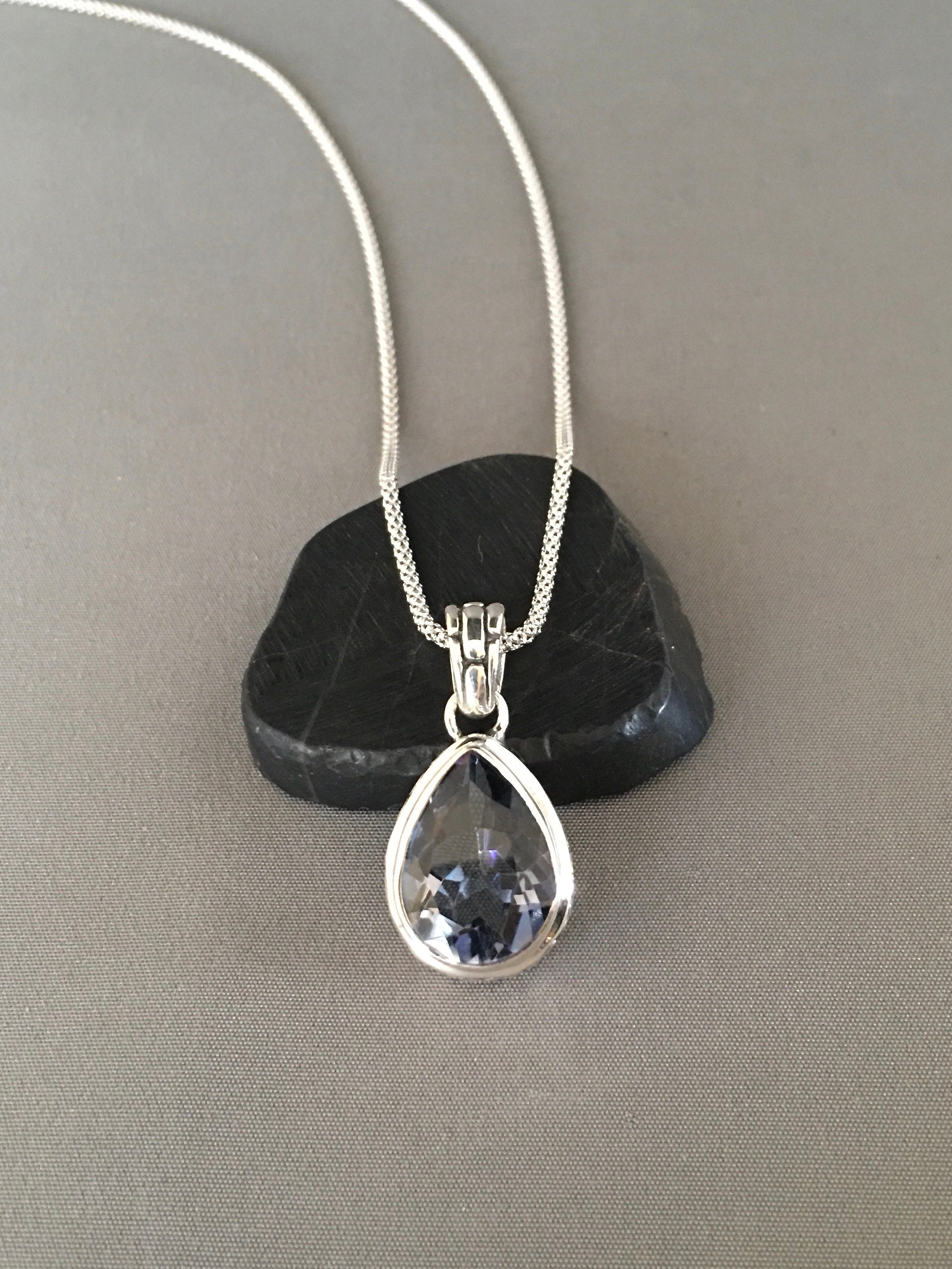 Blue Mystic Quartz Teardrop Bezel Pendant in Bali Sterling Silver