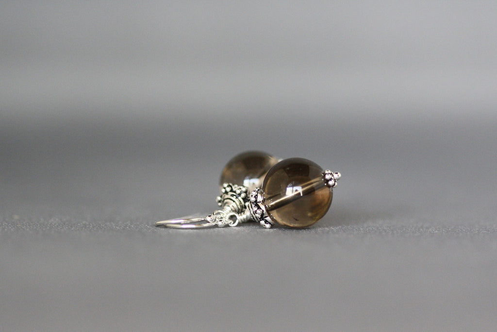 Smokey Quartz Round Dangle Earrings with Bali Silver Caps
