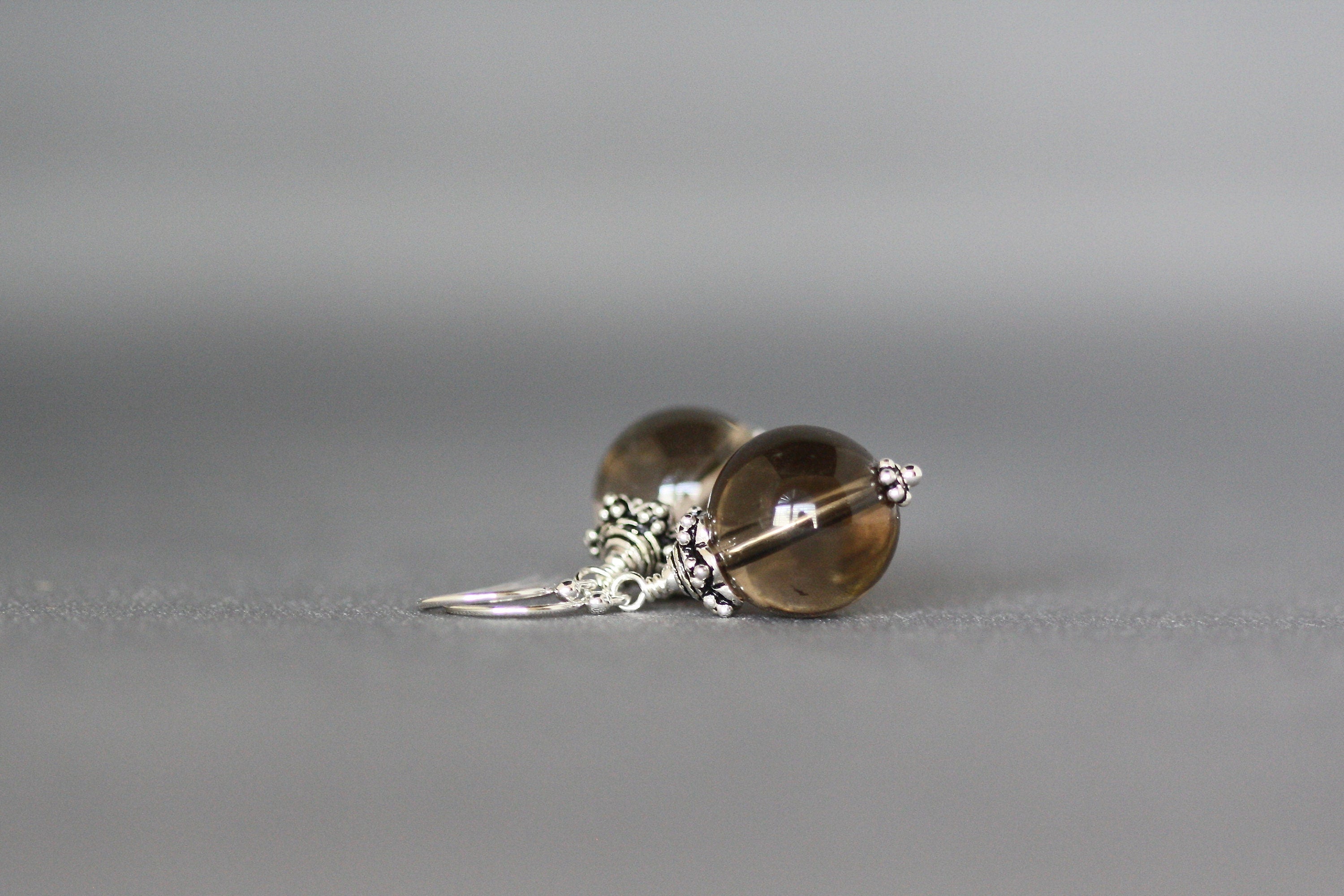 Smokey Quartz Round Dangle Earrings with Bali Silver Caps