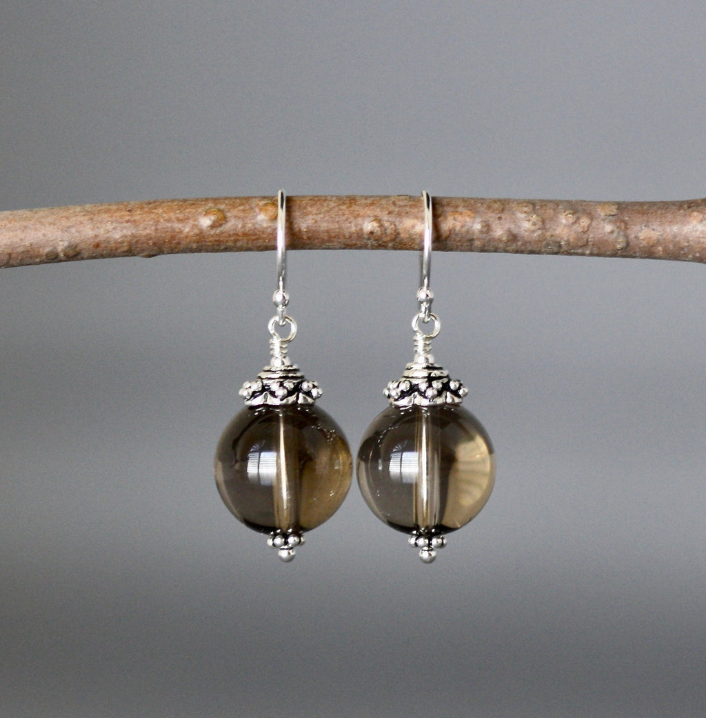 Smokey Quartz Round Dangle Earrings with Bali Silver Caps