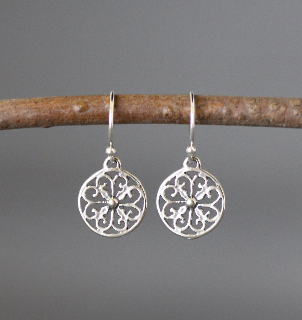 Small Round Bali Silver Filigree Dangle Earrings