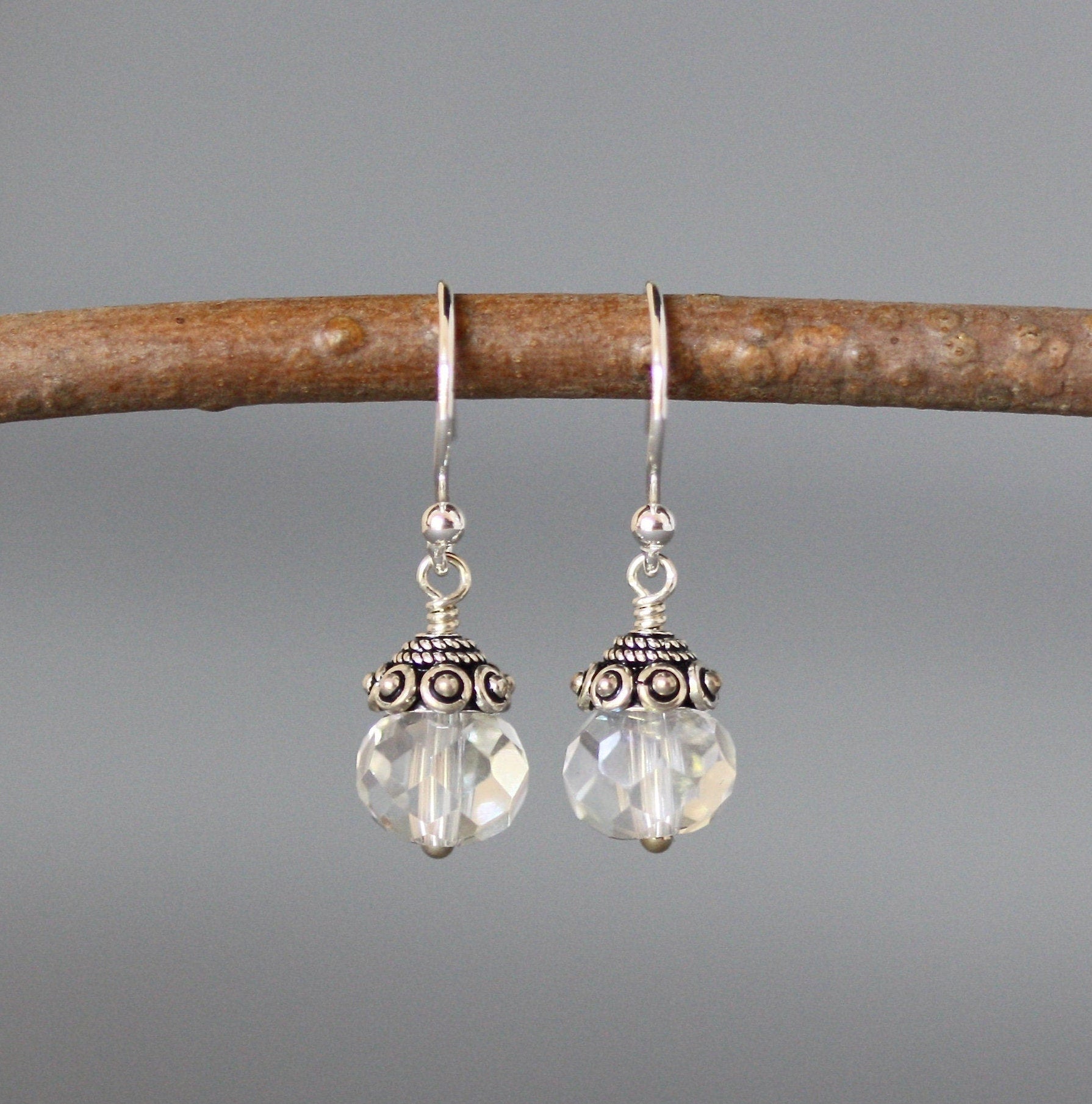 Aurora Borealis Quartz Crystal and Bali Sterling Silver Dangle Earrings
