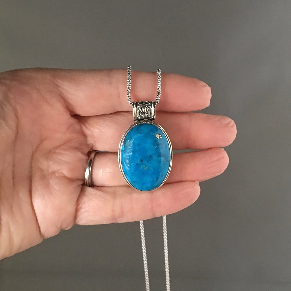 Blue Copper Turquoise Oval Cabochon Bali Silver Pendant Necklace