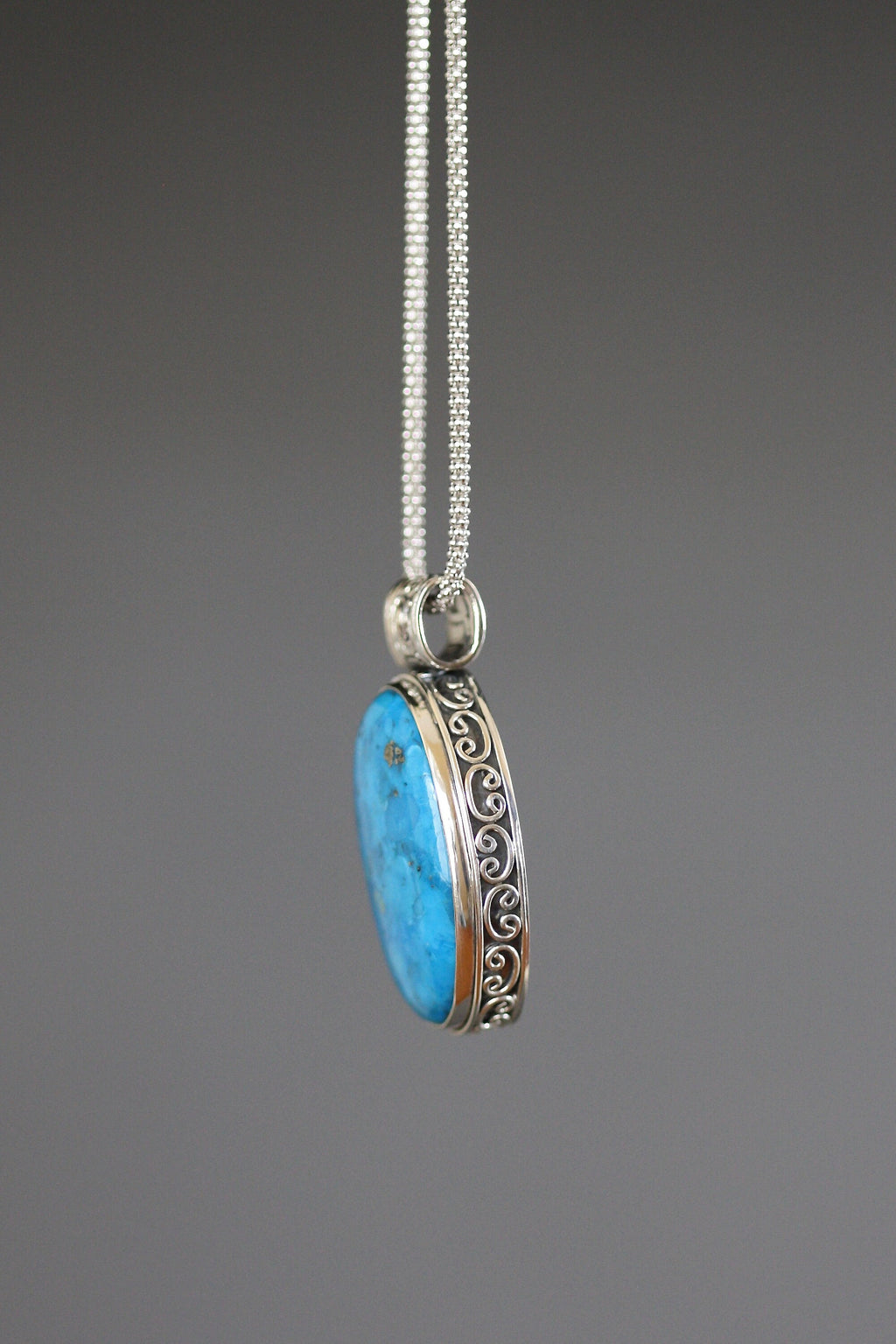 Blue Copper Turquoise Oval Cabochon Bali Silver Pendant Necklace
