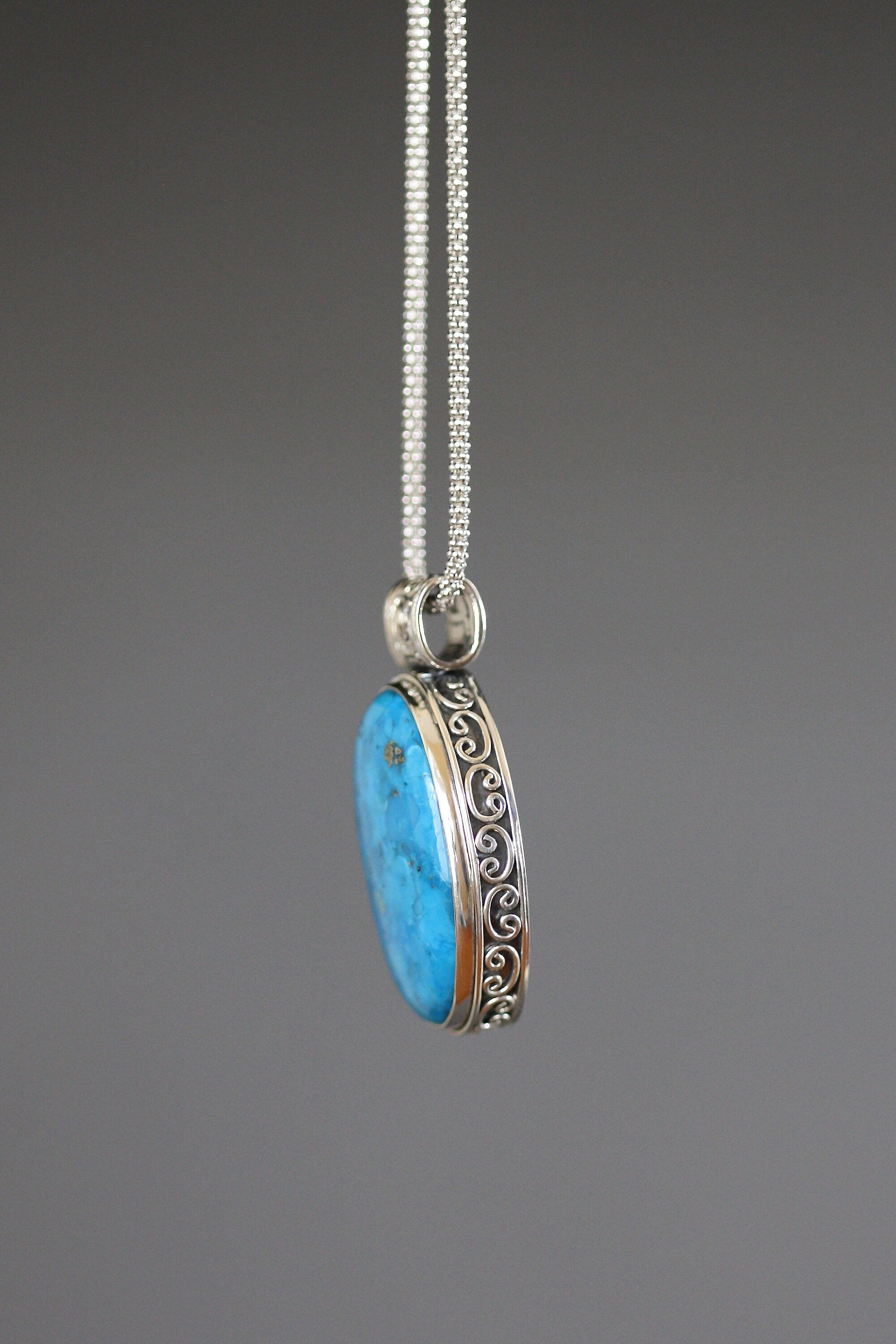 Blue Copper Turquoise Oval Cabochon Bali Silver Pendant Necklace