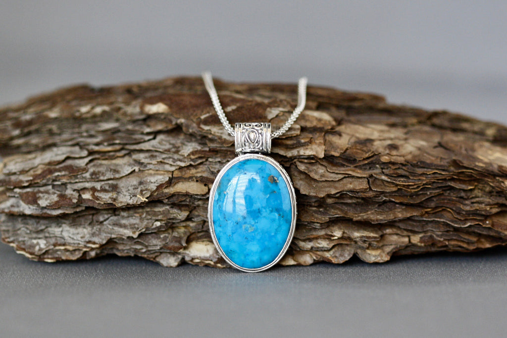 Blue Copper Turquoise Oval Cabochon Bali Silver Pendant Necklace