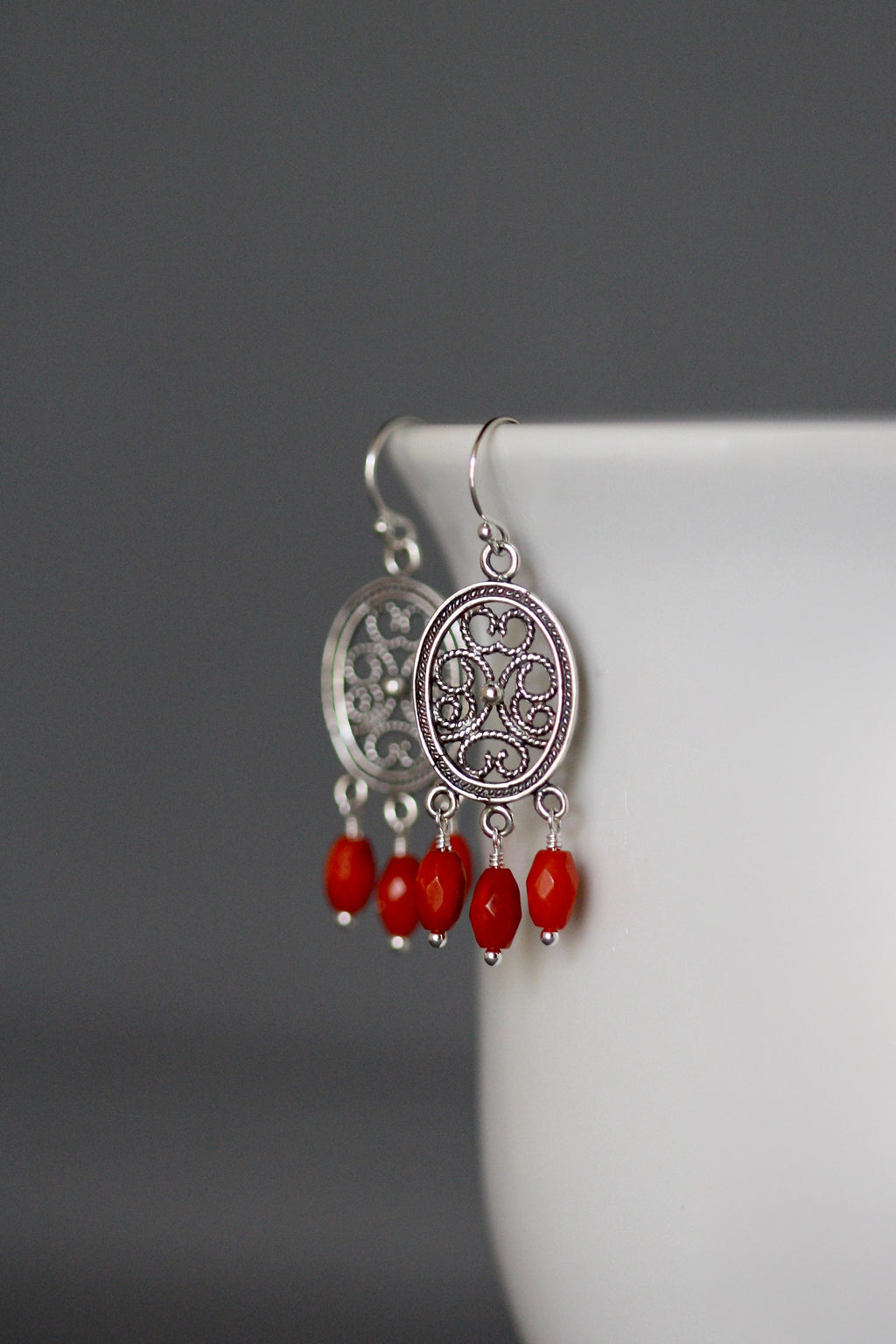 Red Coral Dangle Earrings on Bali Silver Chandelier Links