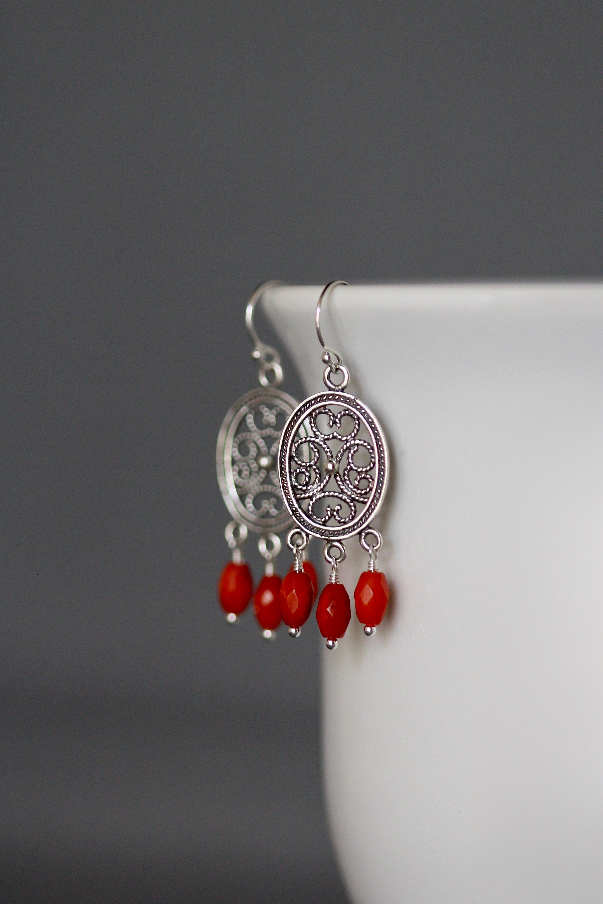Red Coral Dangle Earrings on Bali Silver Chandelier Links