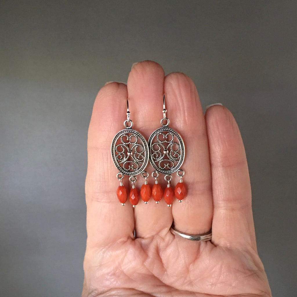 Red Coral Dangle Earrings on Bali Silver Chandelier Links