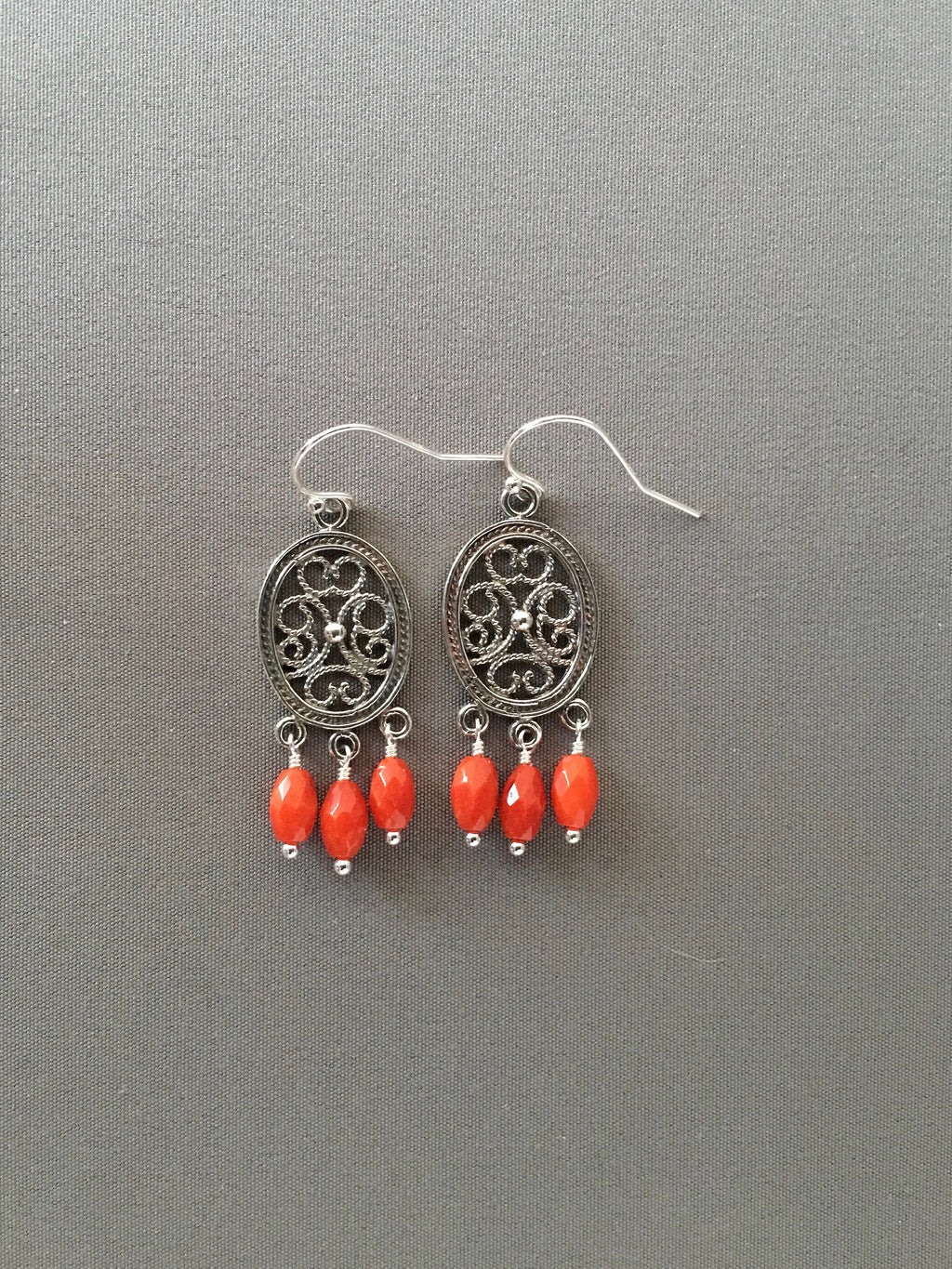 Red Coral Dangle Earrings on Bali Silver Chandelier Links