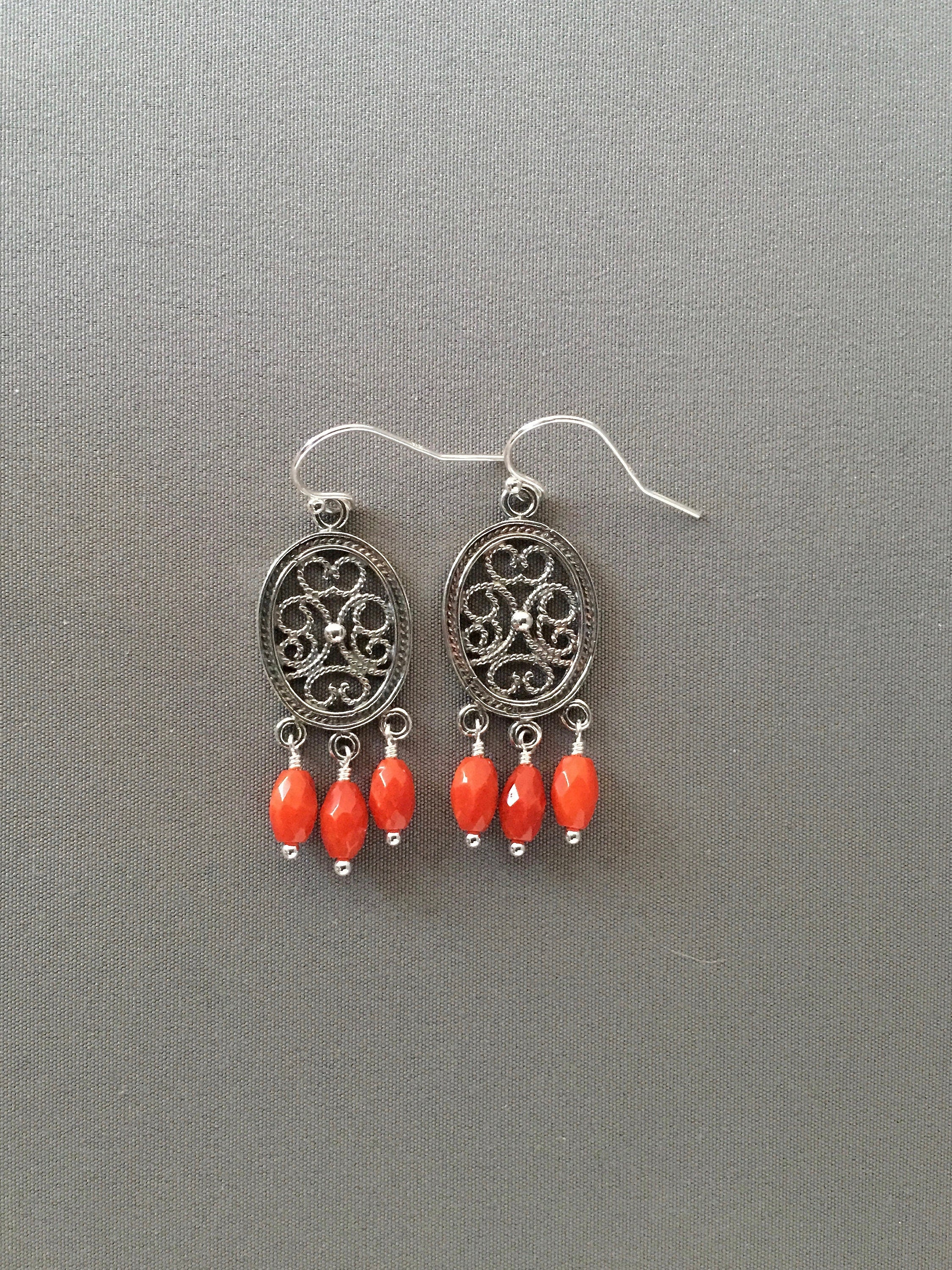 Red Coral Dangle Earrings on Bali Silver Chandelier Links