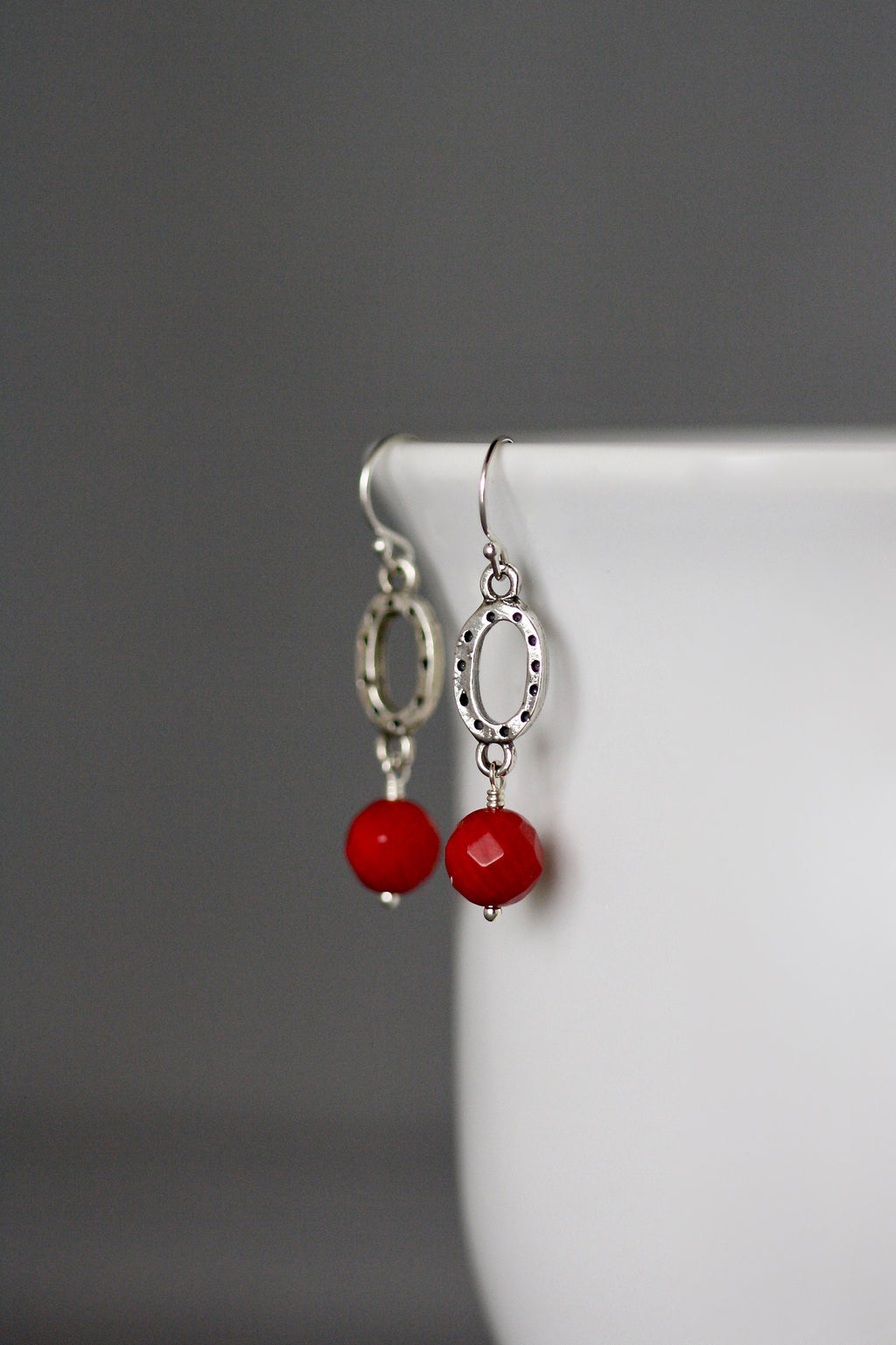 Red Coral and Bali Sterling Silver Oval Link Dangle Earrings